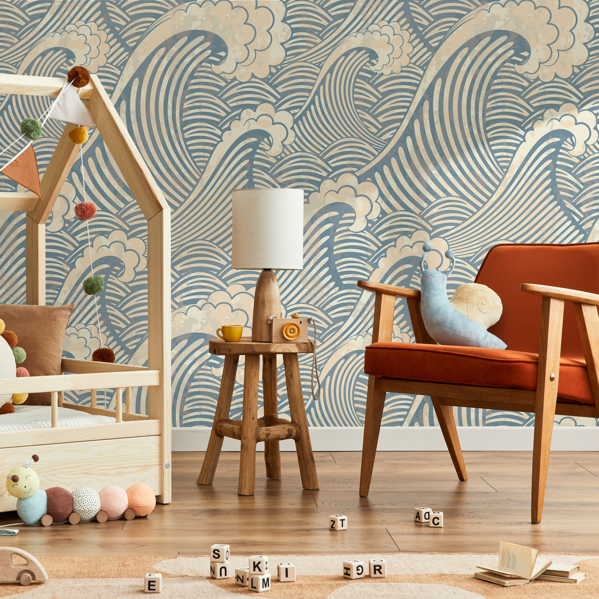 Nautical Wallpaper With Japanese Inspired Waves In Blue And Beige - A464