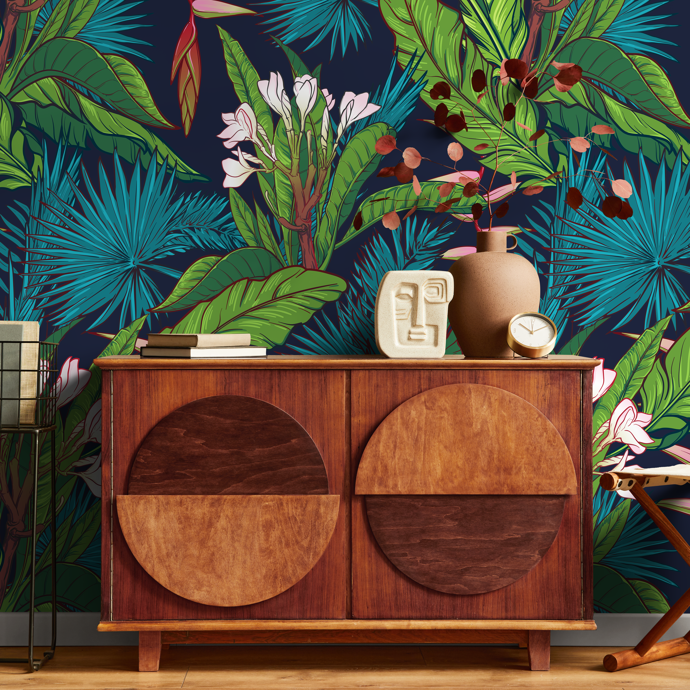 Tropical Wallpaper With Lush Jungle Leaves In Navy Blue, Green, And Teal - A469