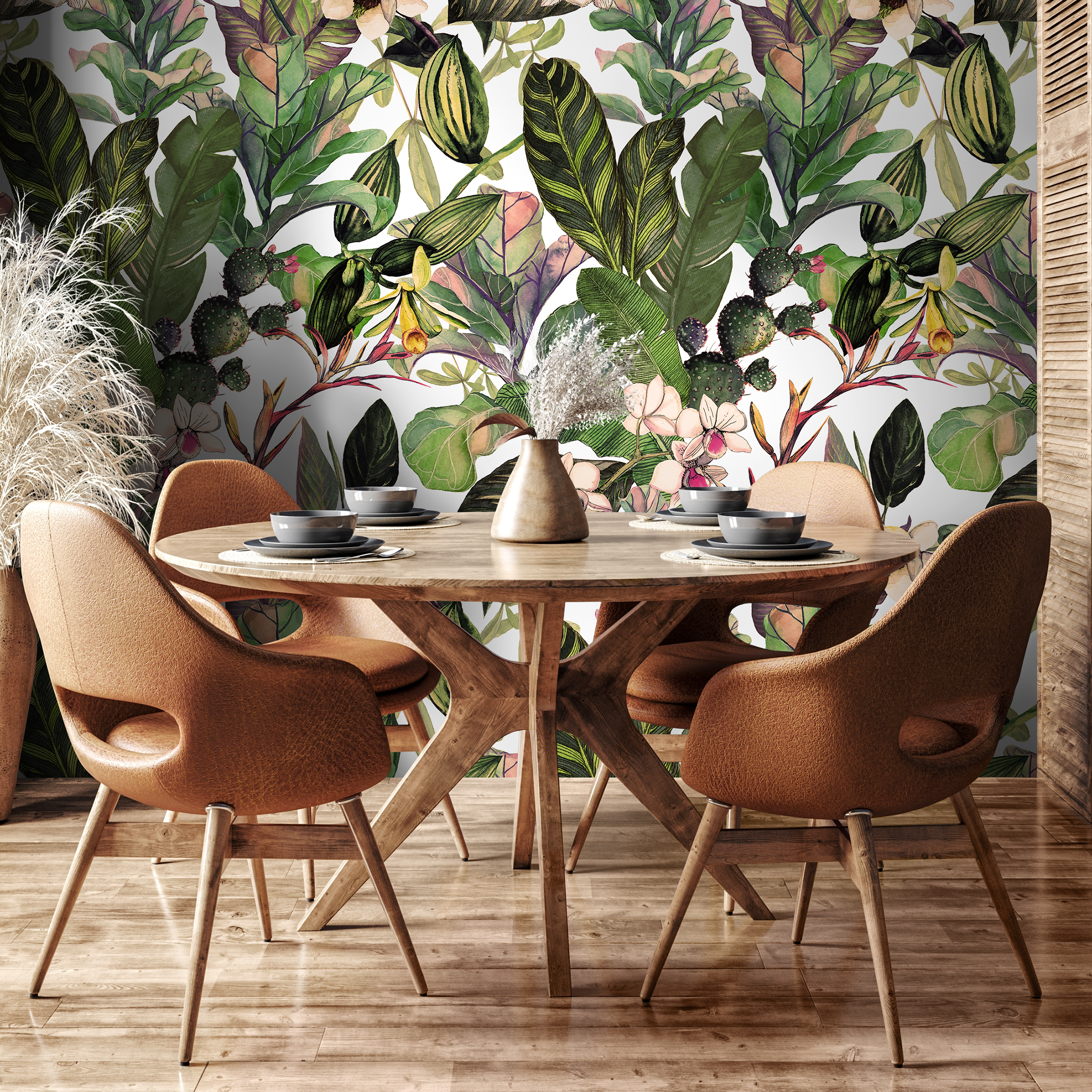 Botanical Wallpaper With Tropical Leaves And Orchids In Green And Pink - A471