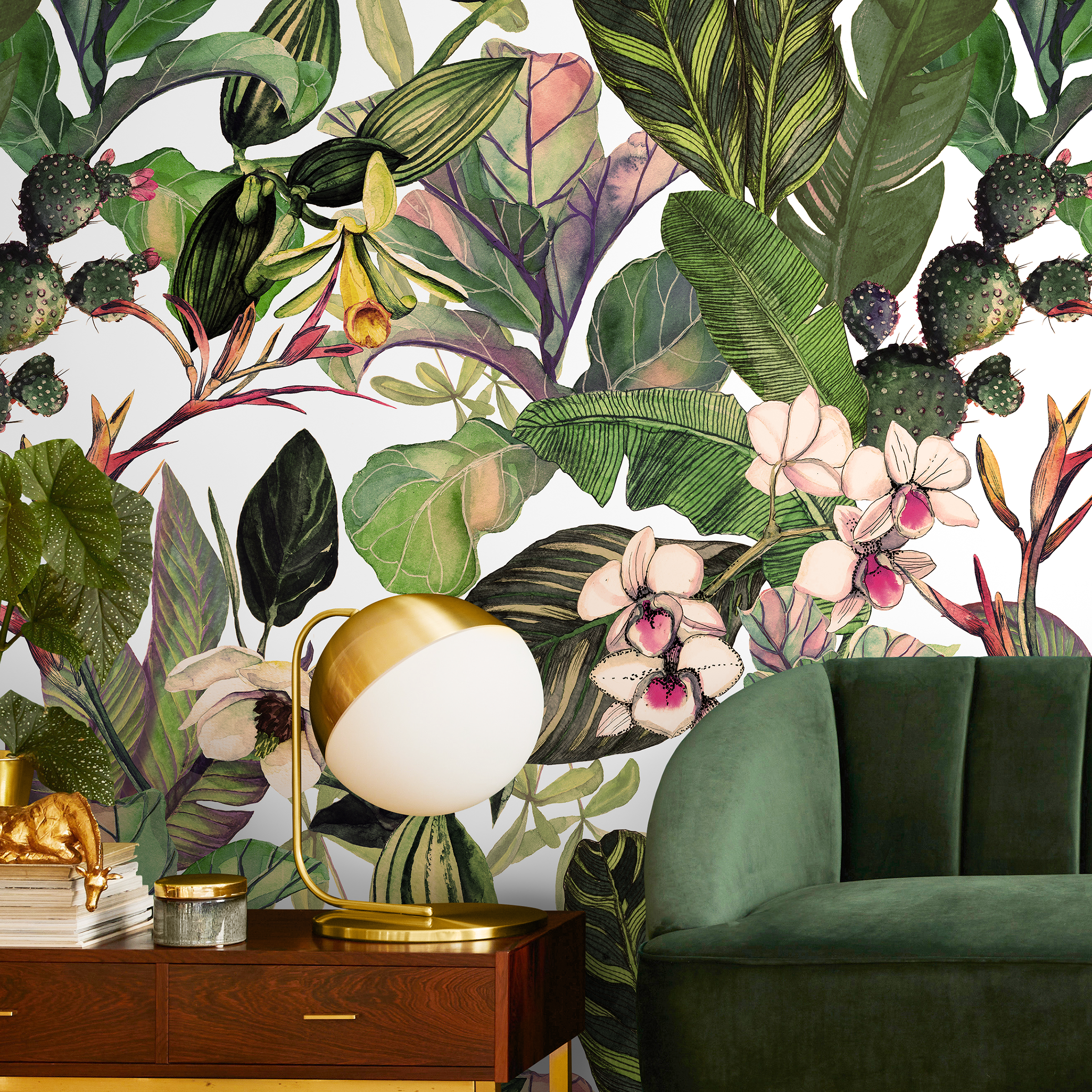 Botanical Wallpaper With Tropical Leaves And Orchids In Green And Pink - A471