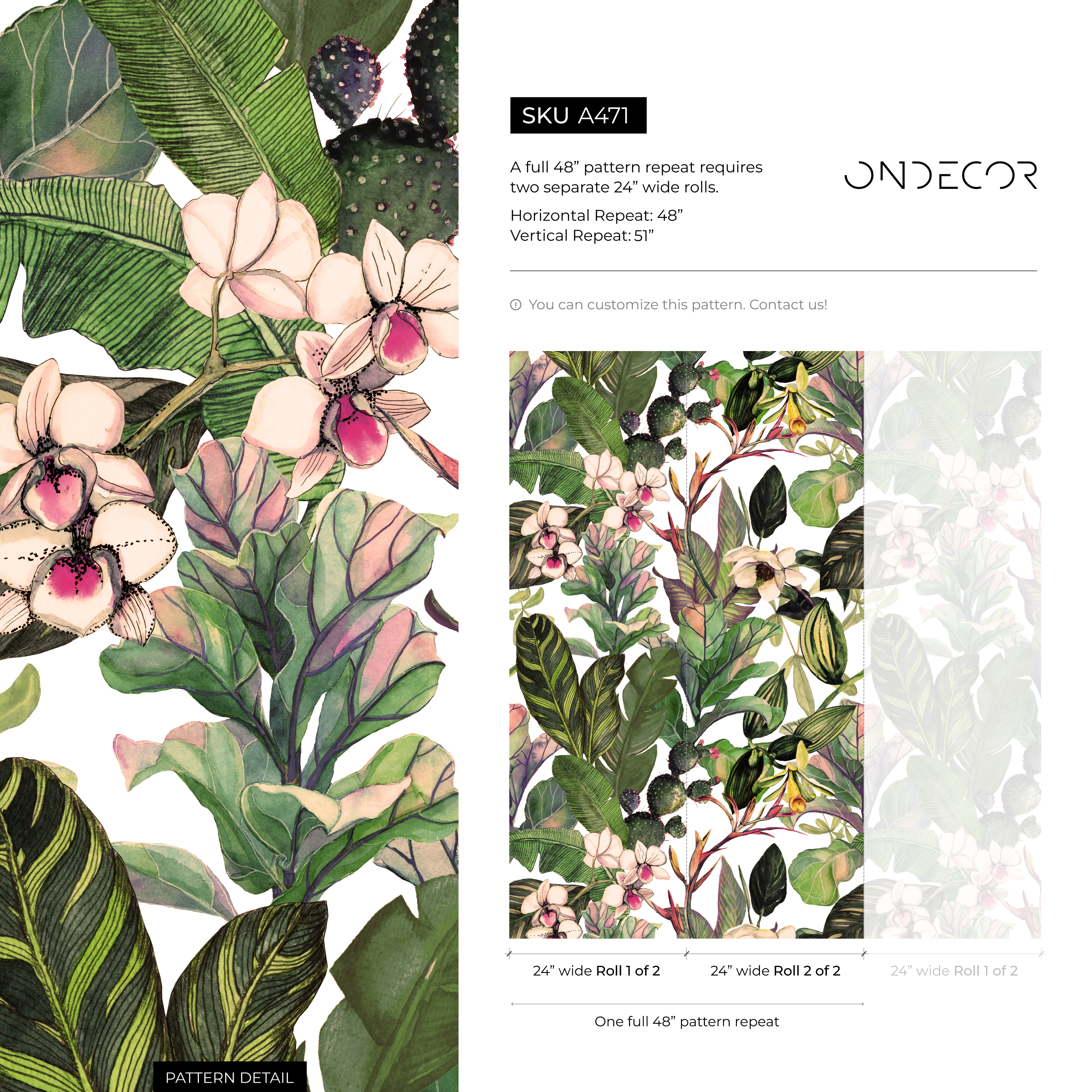 Botanical Wallpaper With Tropical Leaves And Orchids In Green And Pink - A471