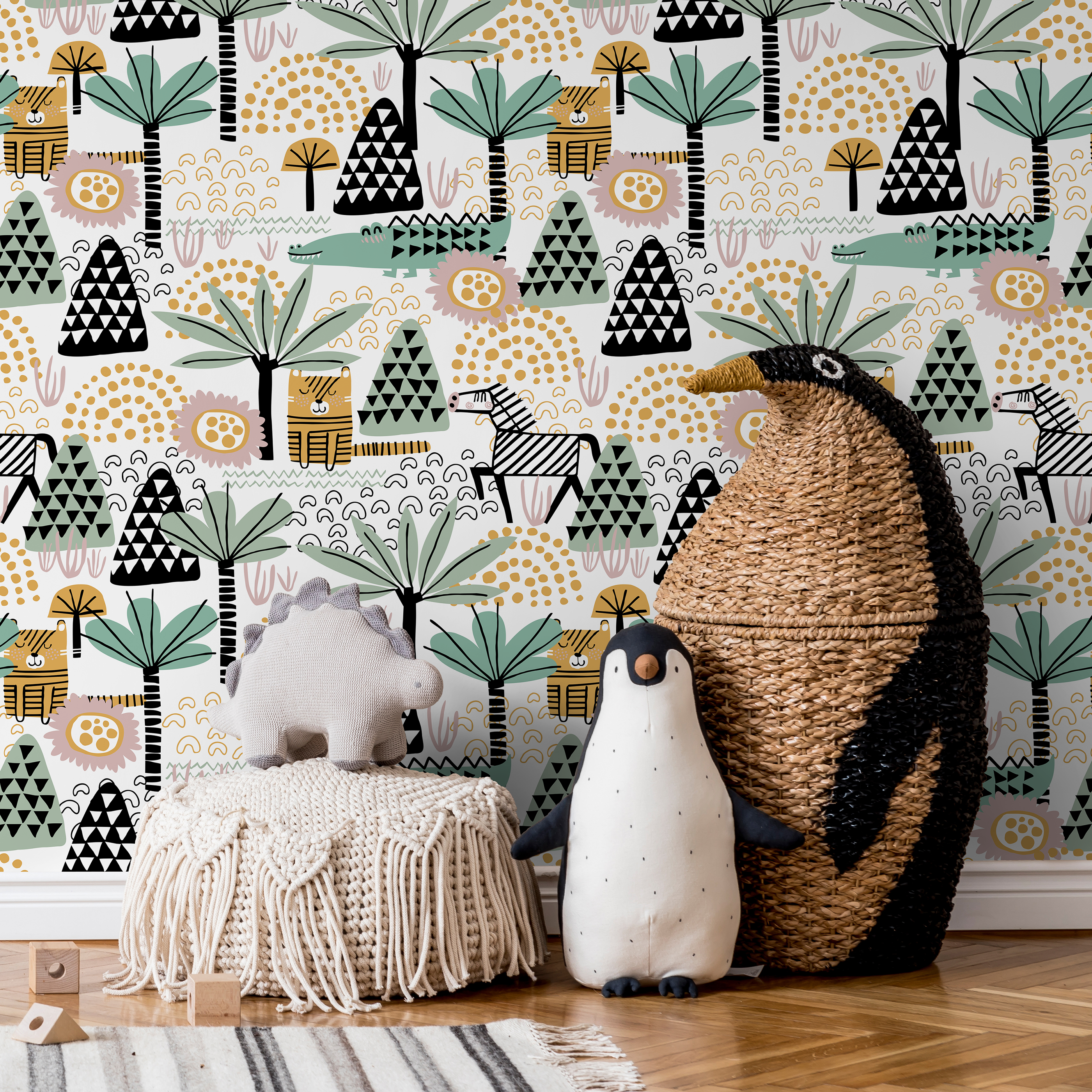 Jungle Wallpaper With Stylized Tigers And Palms In Green And Ochre - A492