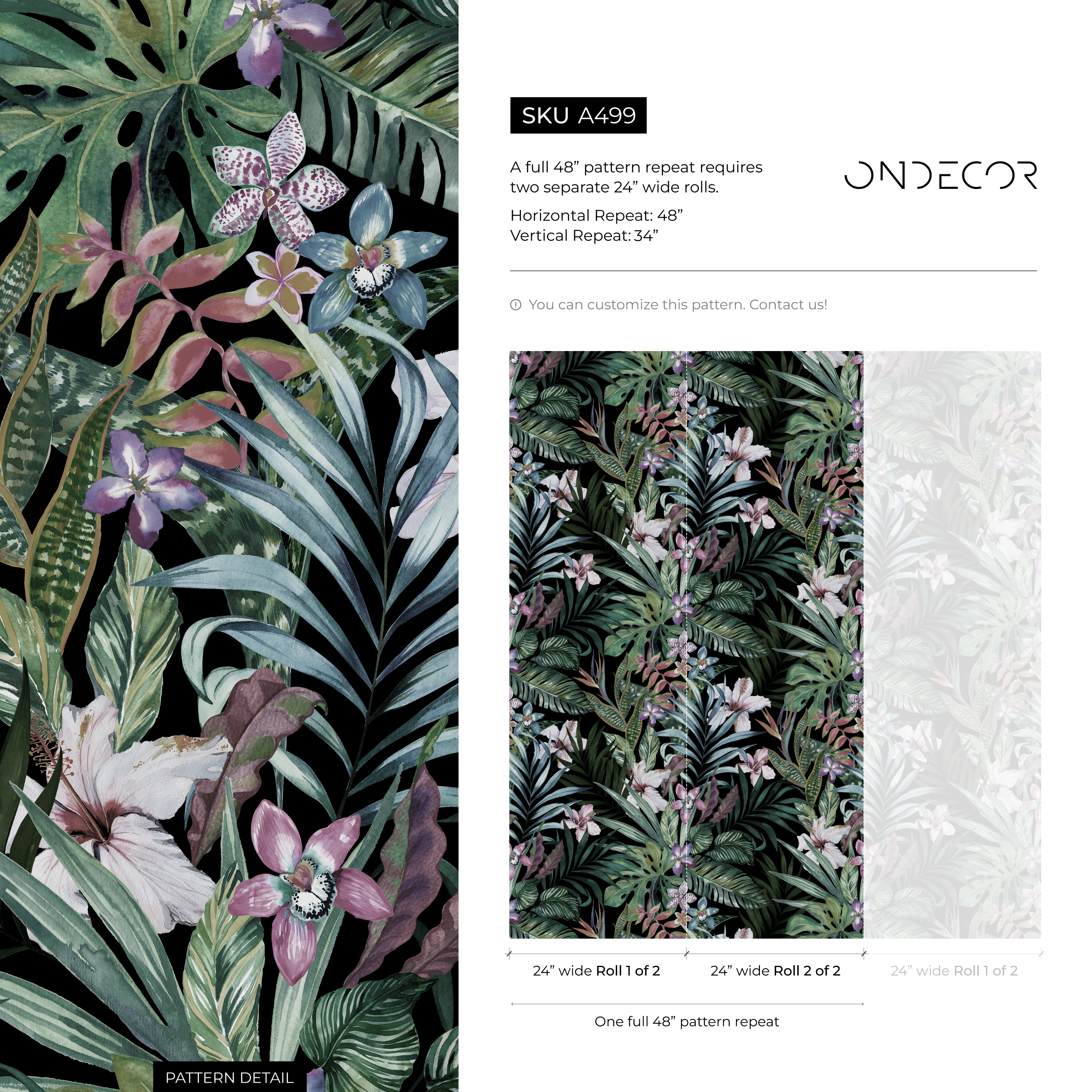 Botanical Wallpaper Featuring Jungle Flowers And Leaves In Green And Purple - A499