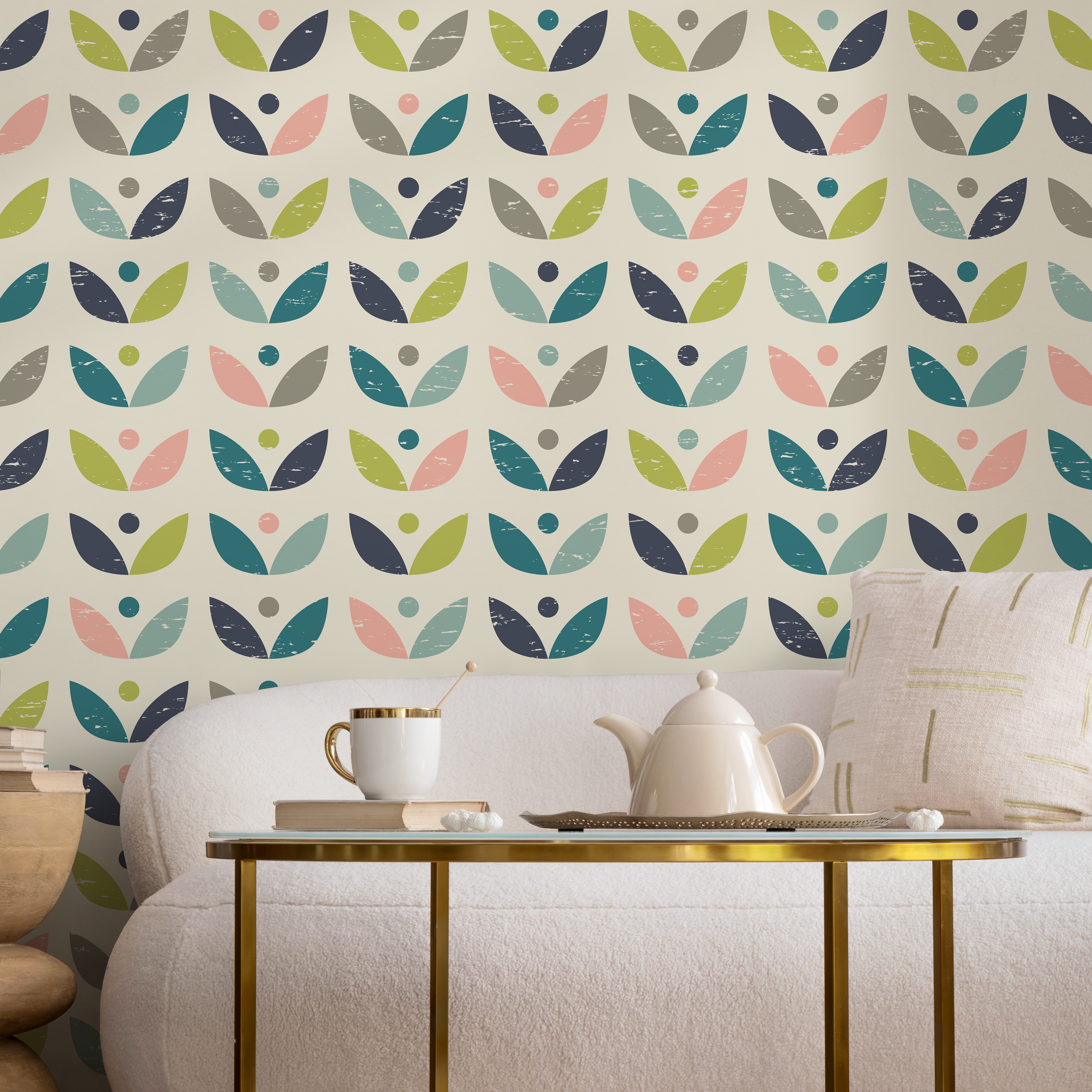 Scandinavian Wallpaper With A Geometric Petal Motif In Teal, Pink, And Green - A523