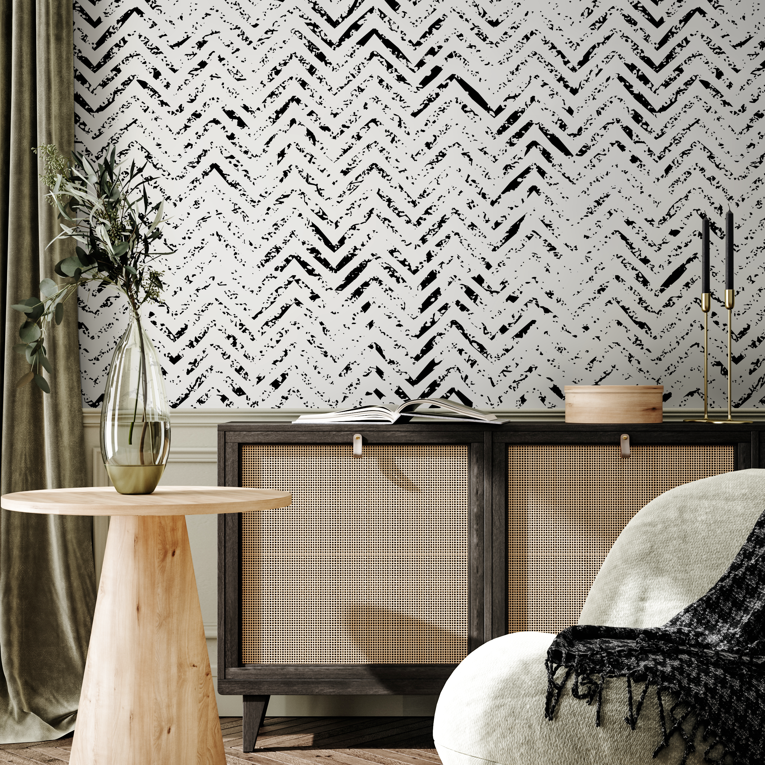 Abstract Wallpaper With A Distressed Herringbone Motif In Black And White - A559