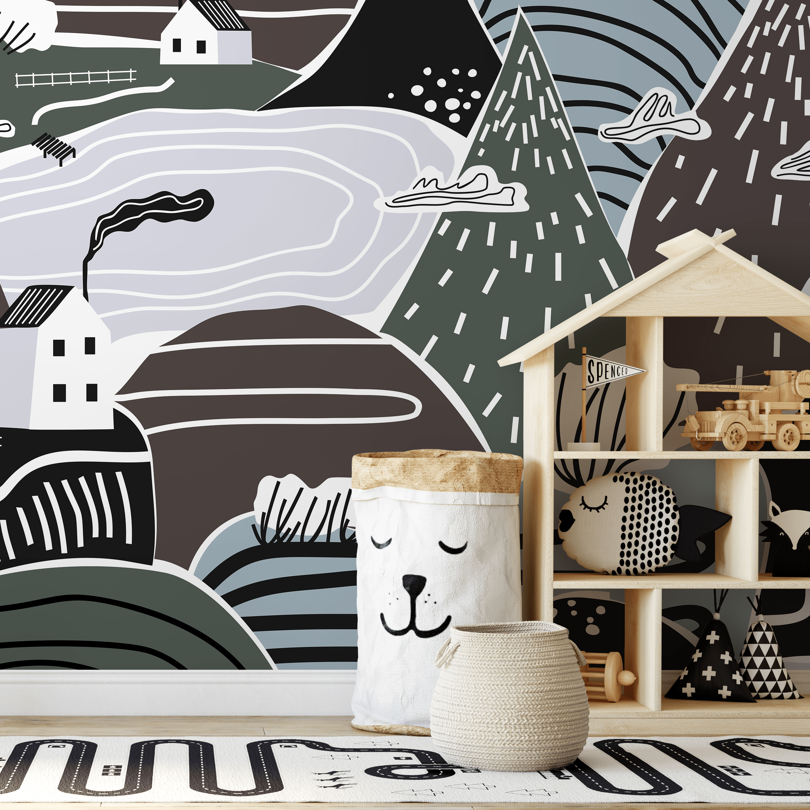 Scandinavian Wallpaper With A Folk Art Mountain Village In Black, Blue, And Green - A567