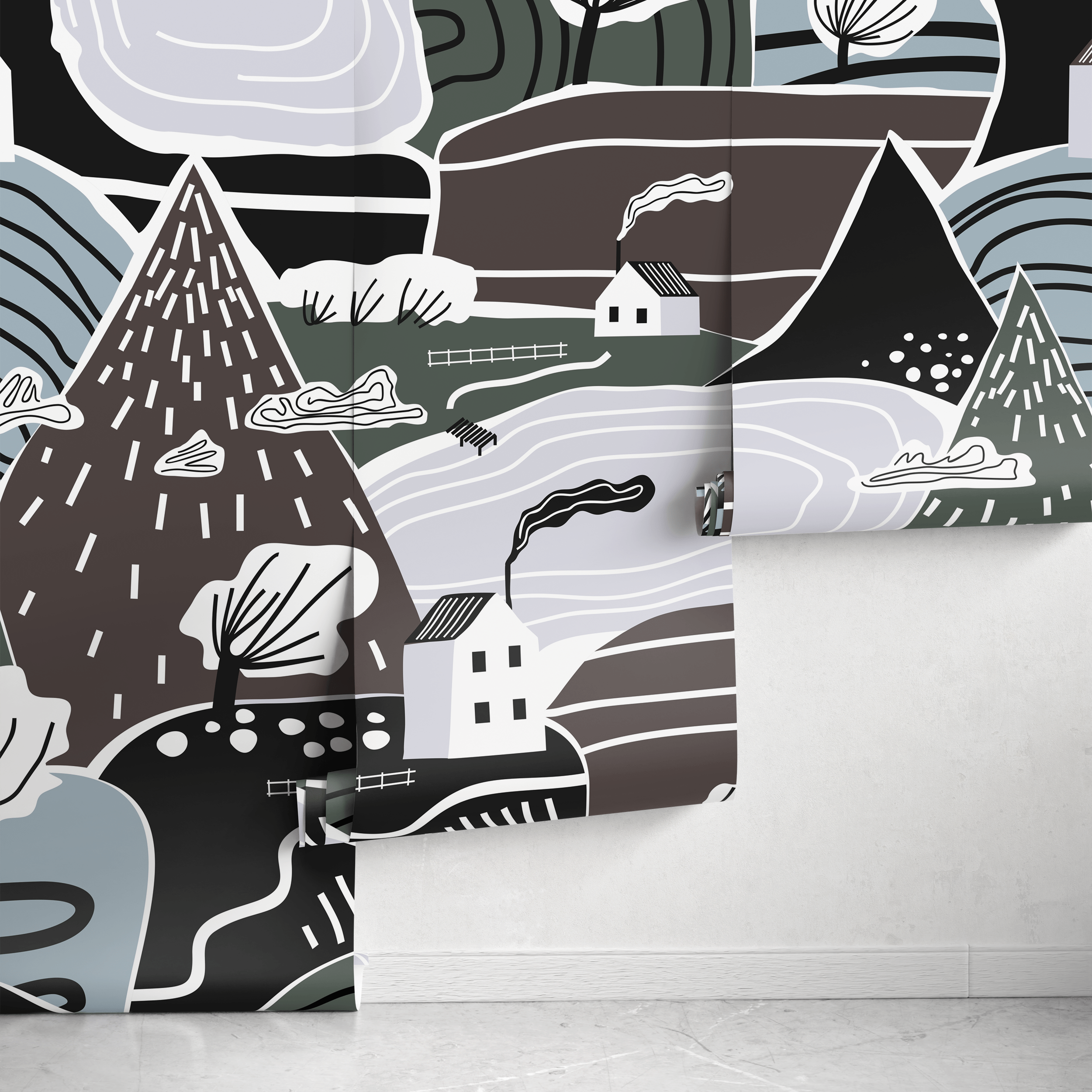 Scandinavian Wallpaper With A Folk Art Mountain Village In Black, Blue, And Green - A567