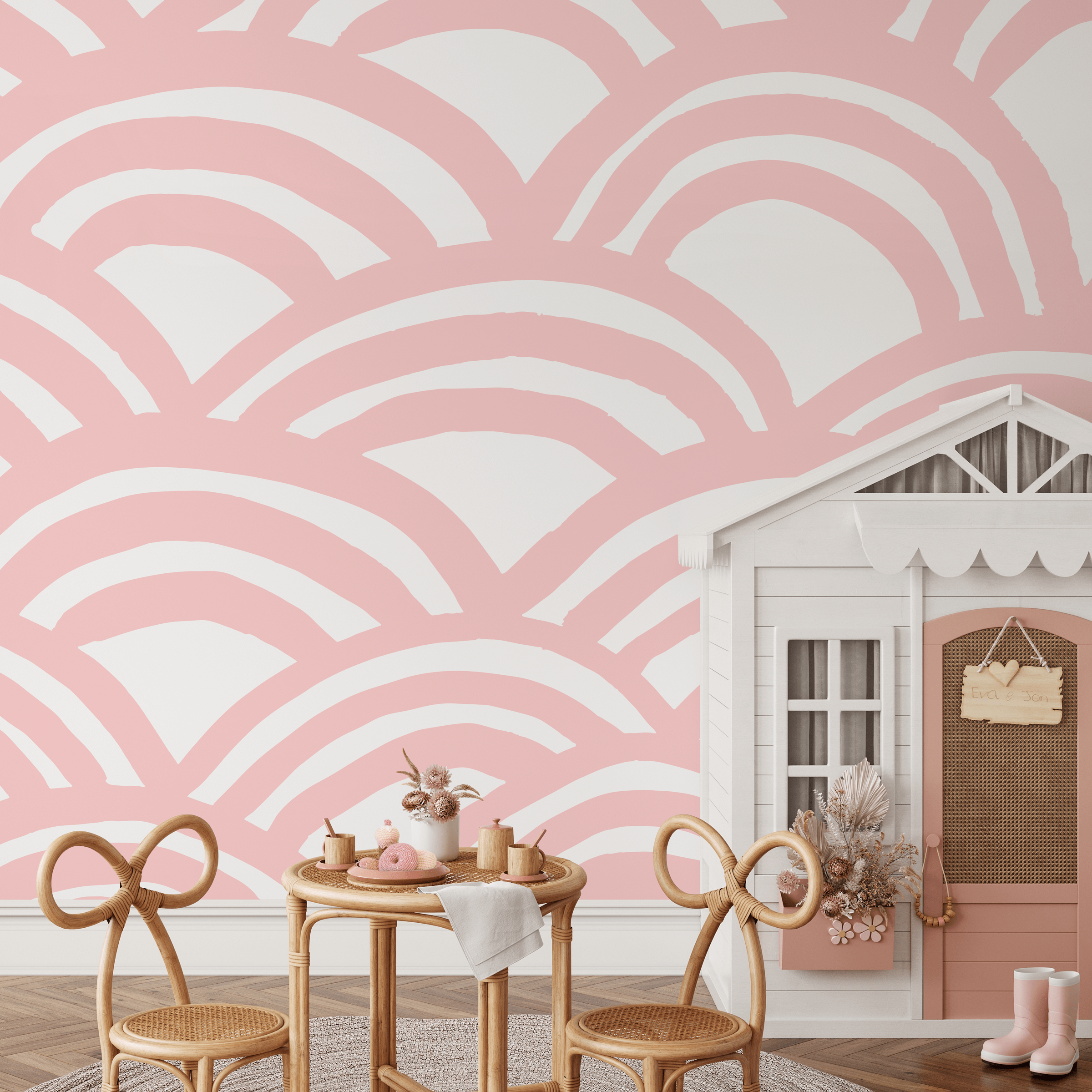 Abstract Wallpaper Featuring Bold Painted Arcs In Pink And White - A568