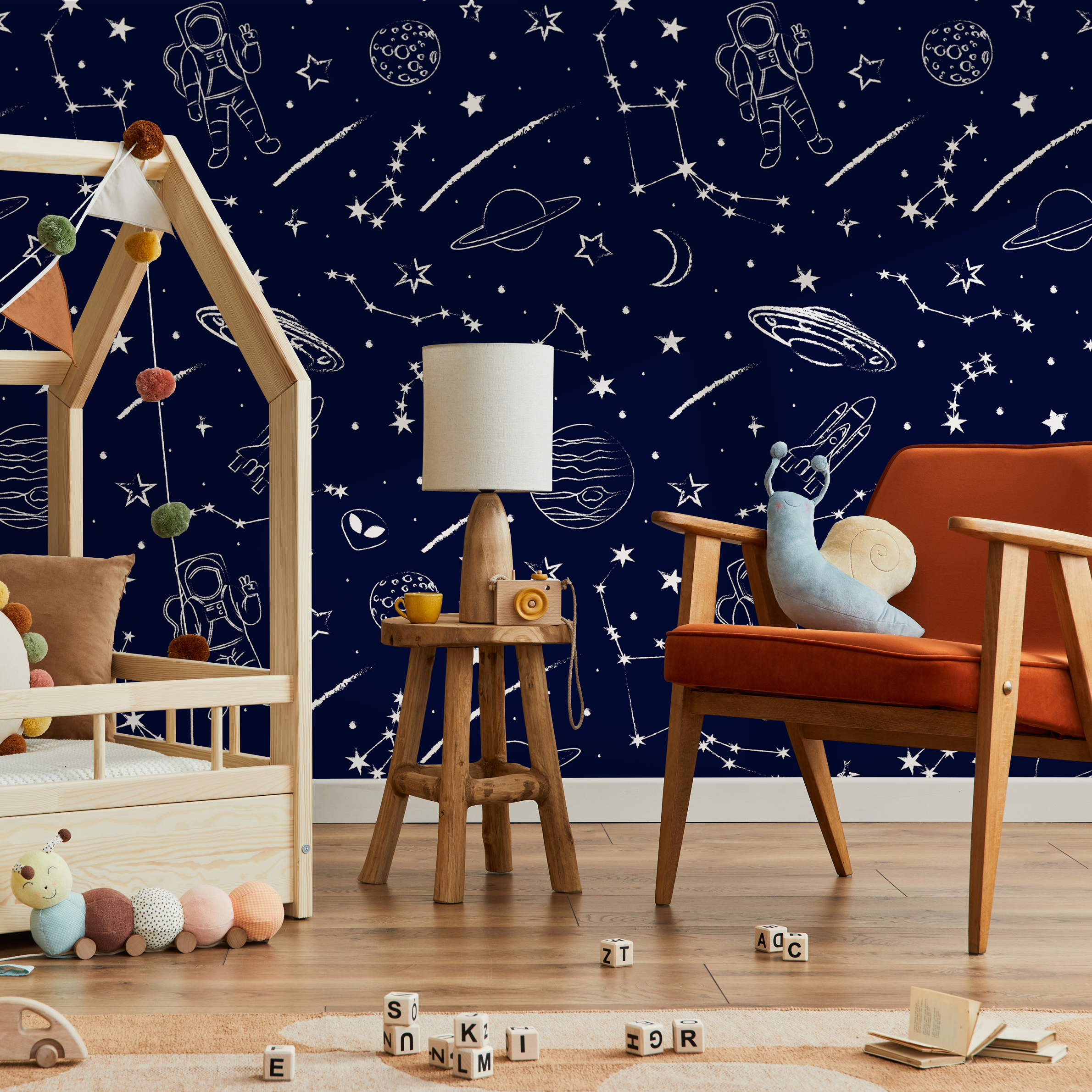 Space Wallpaper With Hand-drawn Astronauts In Navy Blue And White - A582