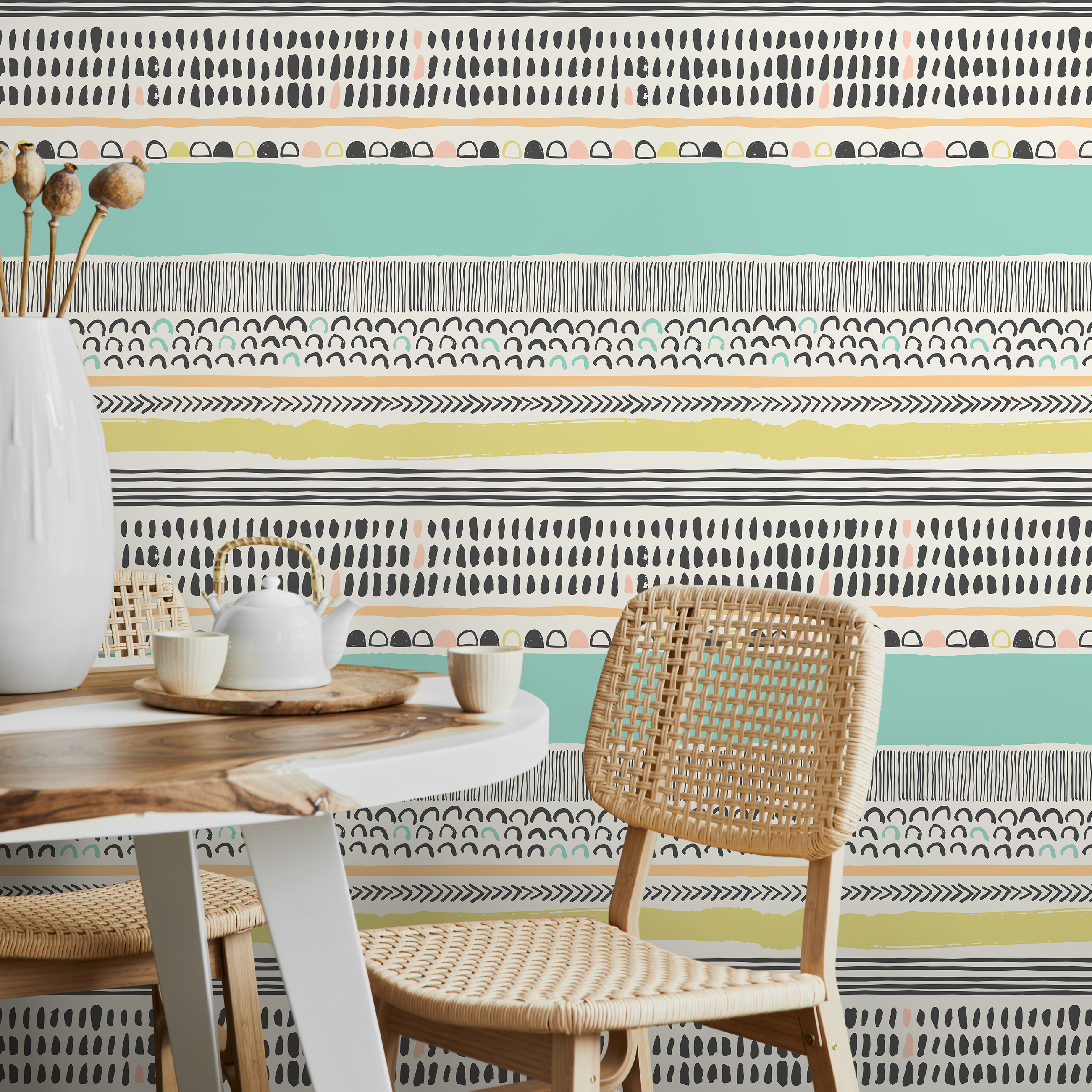 Abstract Wallpaper With Hand-drawn Stripes In Black, Mint, And Peach - A587