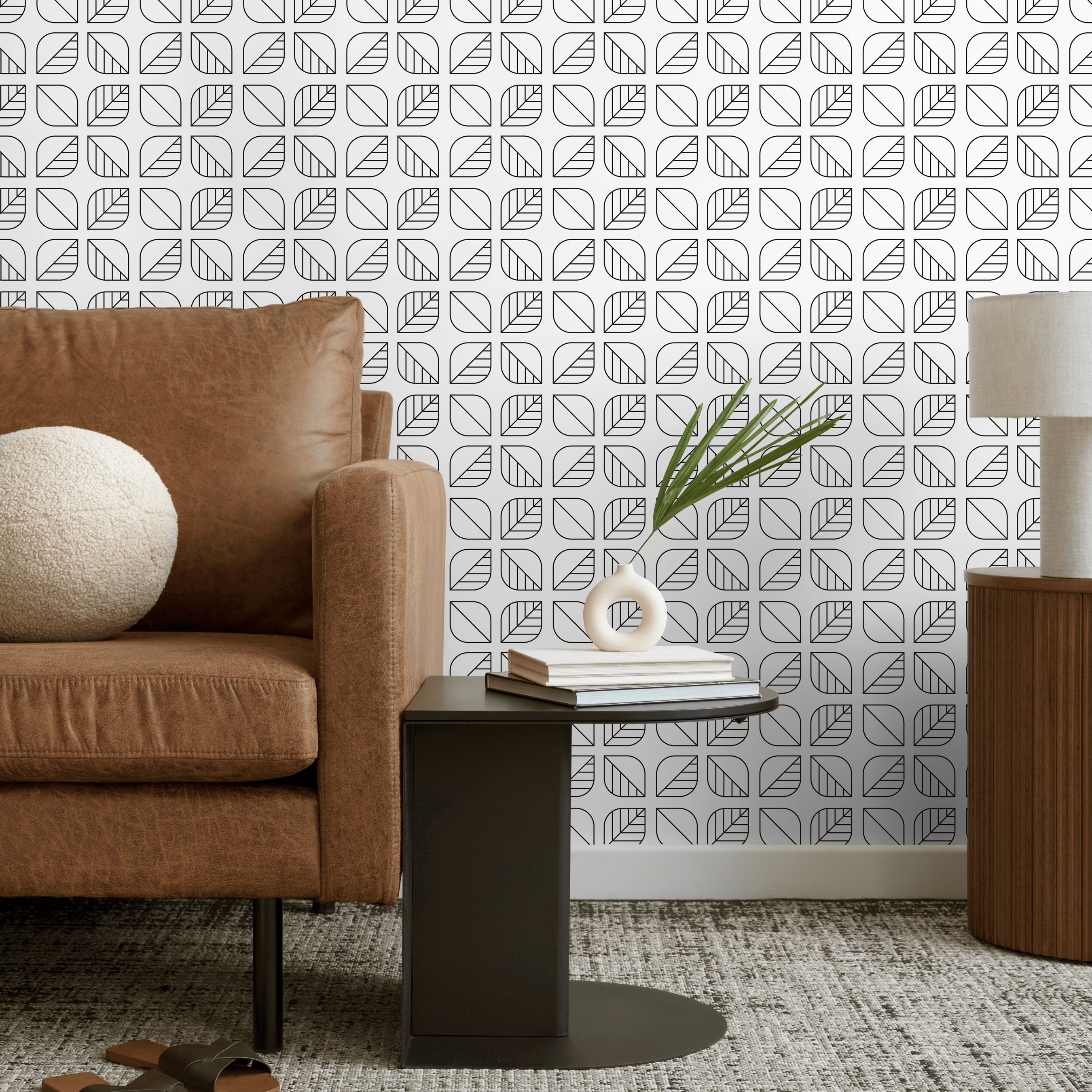 Geometric Wallpaper With A Scandinavian Leaf Motif In Black And White - A588