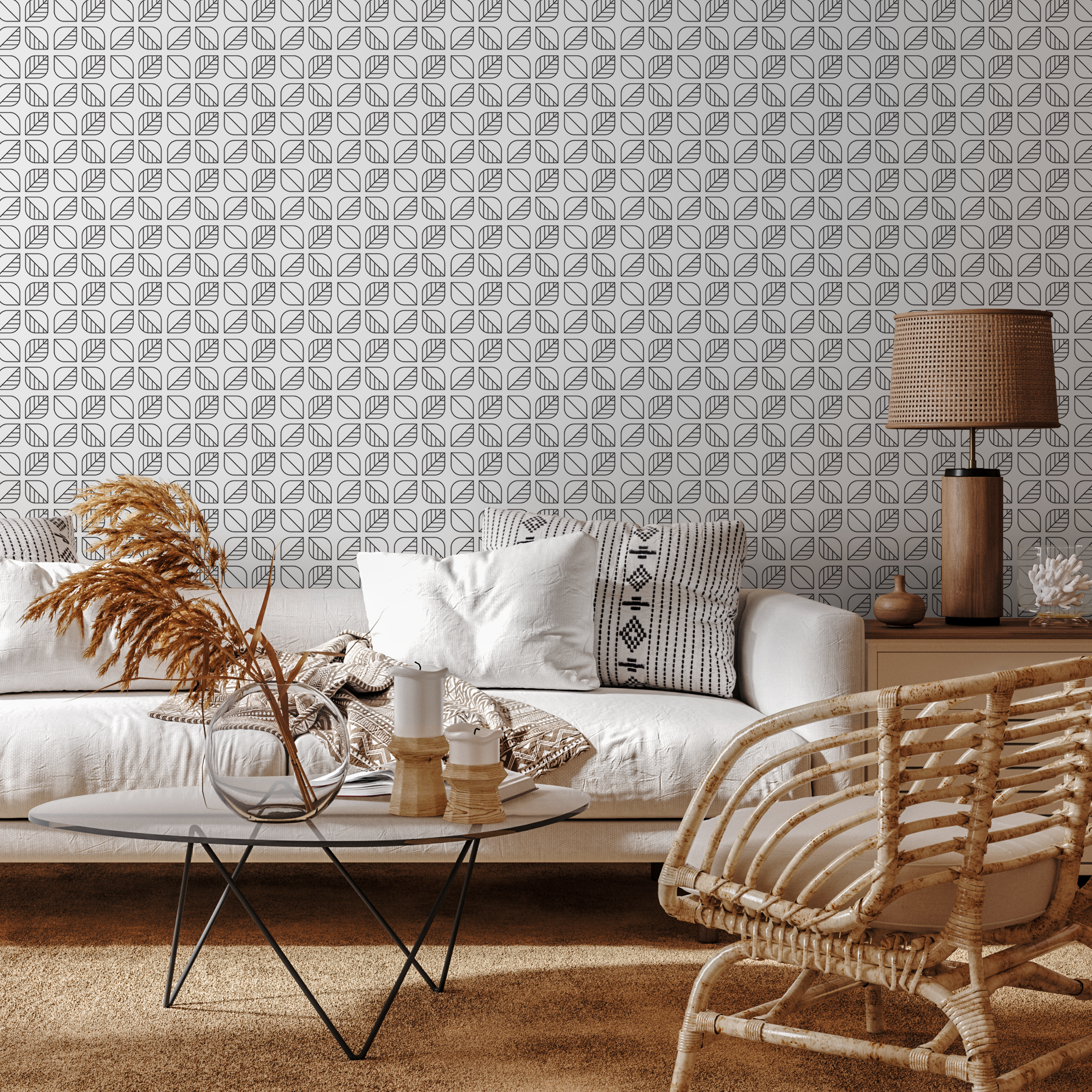 Geometric Wallpaper With A Scandinavian Leaf Motif In Black And White - A588
