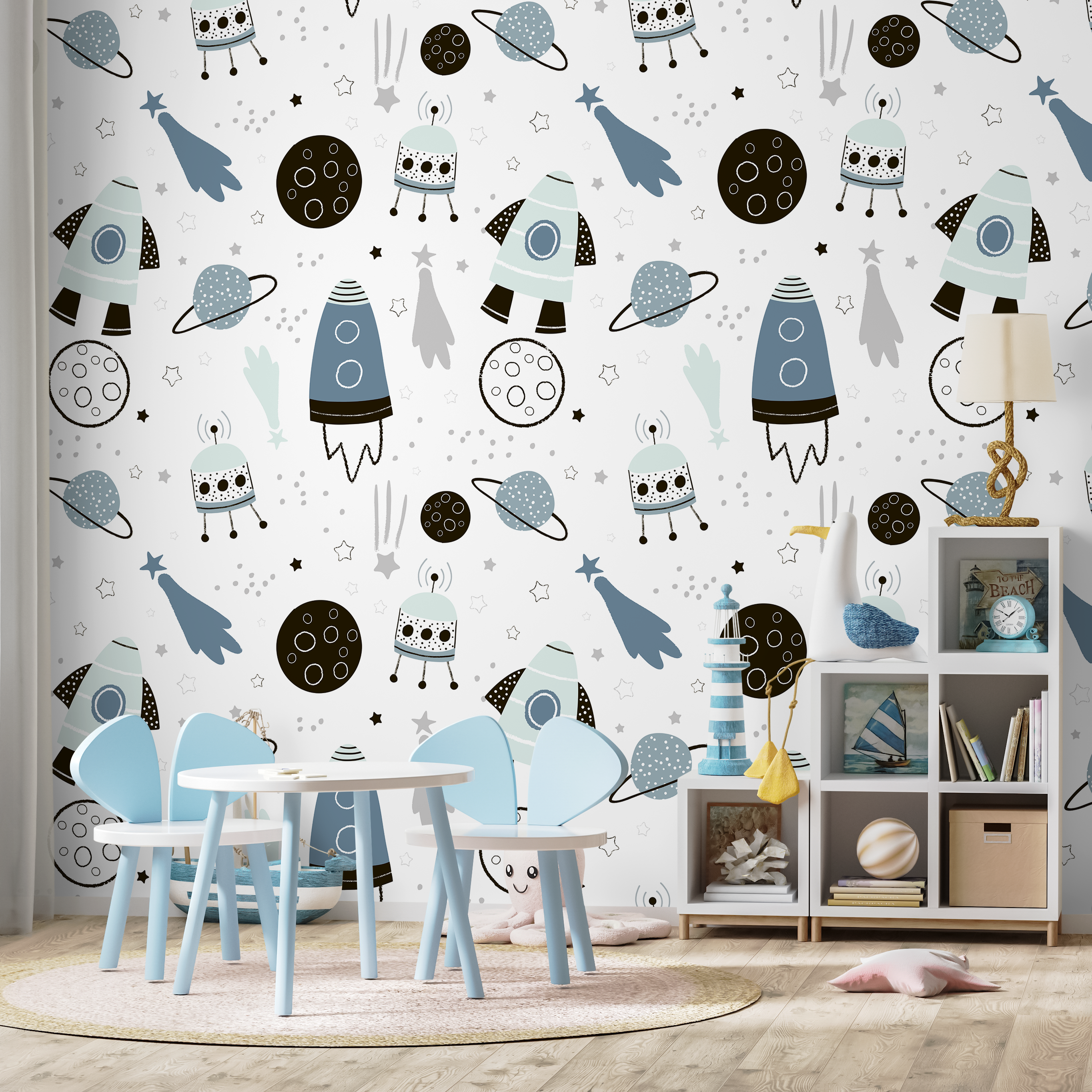 Space Wallpaper With Rockets, Planets, And Stars In Blue, Black, And Grey - A596