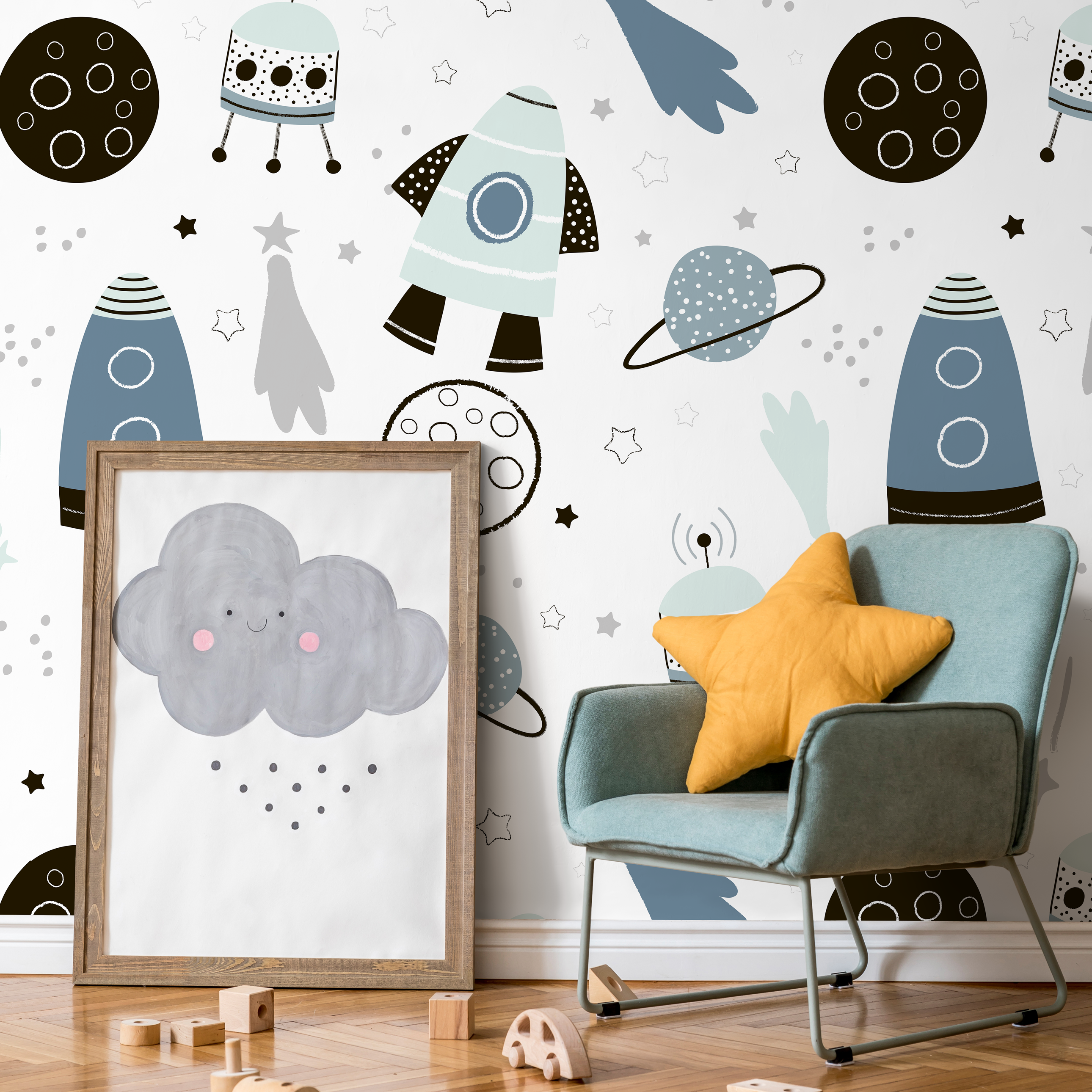 Space Wallpaper With Rockets, Planets, And Stars In Blue, Black, And Grey - A596
