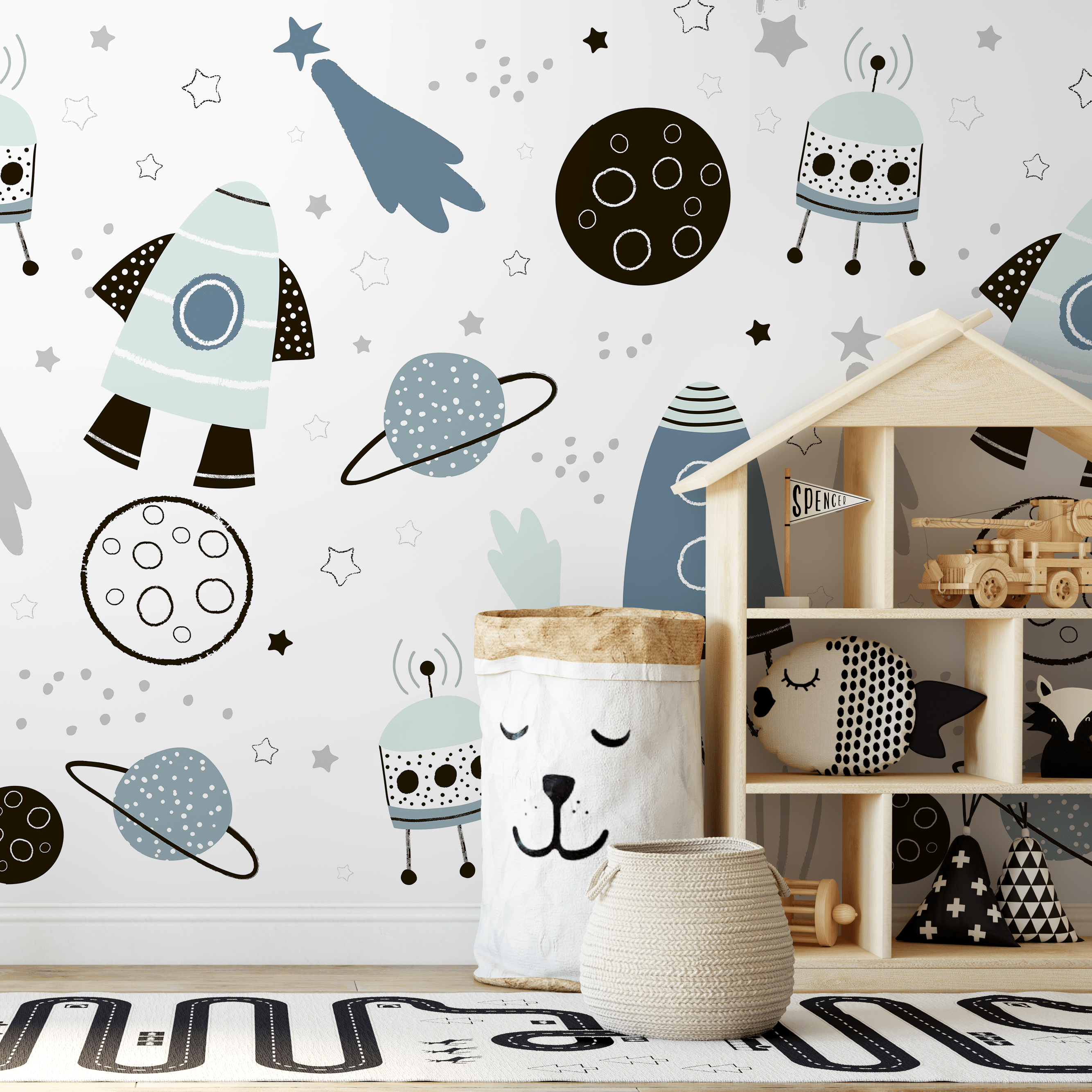 Space Wallpaper With Rockets, Planets, And Stars In Blue, Black, And Grey - A596