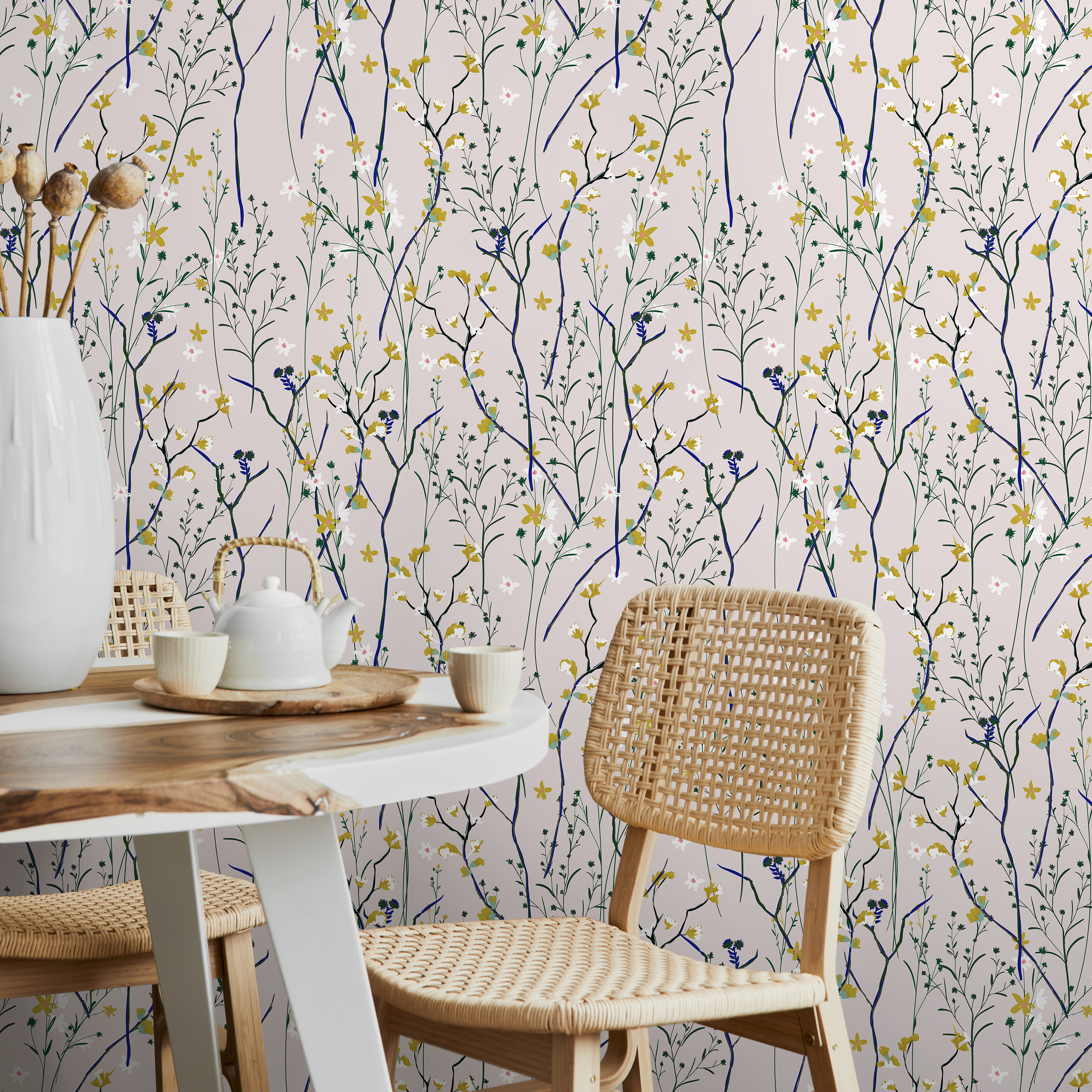 Botanical Wallpaper Featuring Dainty Wildflowers In Pink, Blue, And Yellow - A597