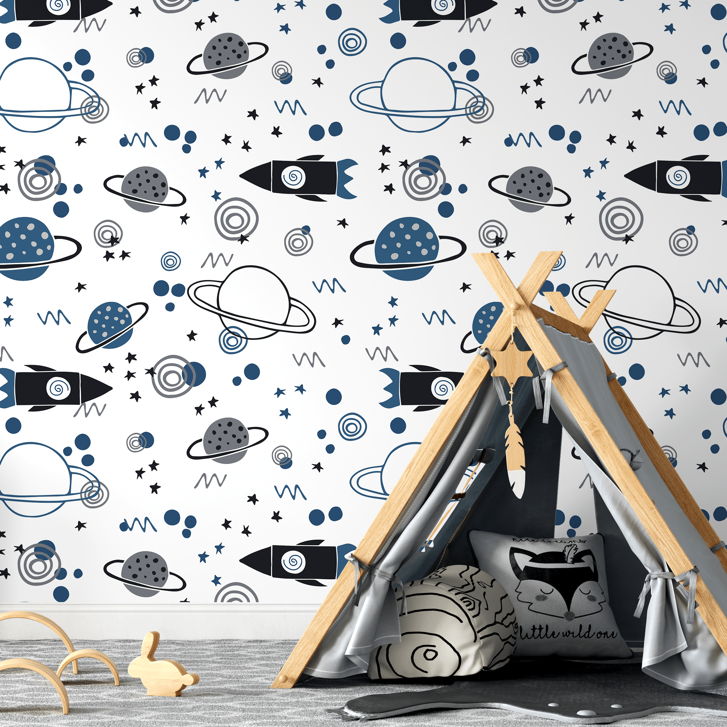 Kids Wallpaper With Rockets And Planets In Blue, Grey, And Black - A607