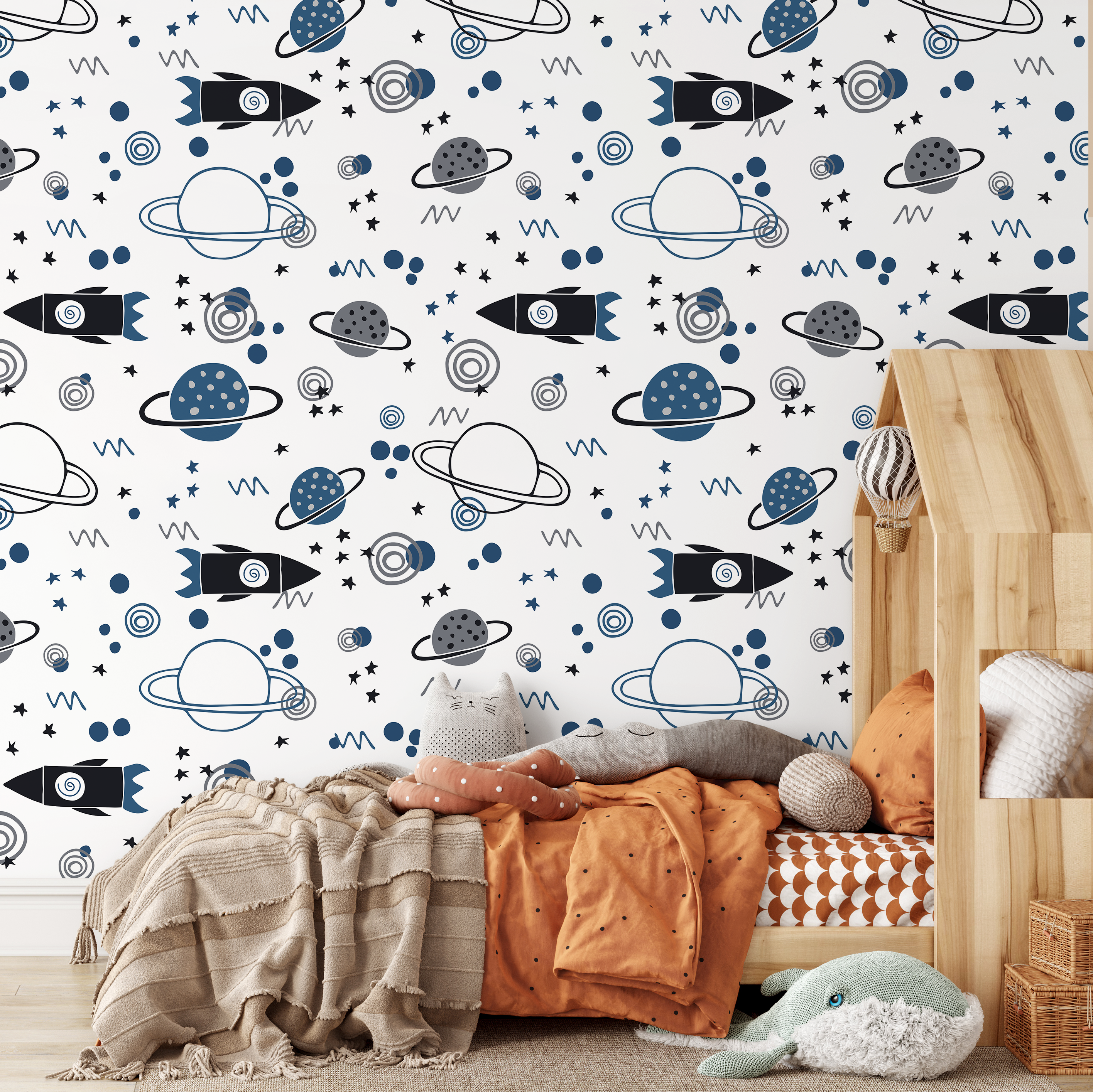 Kids Wallpaper With Rockets And Planets In Blue, Grey, And Black - A607