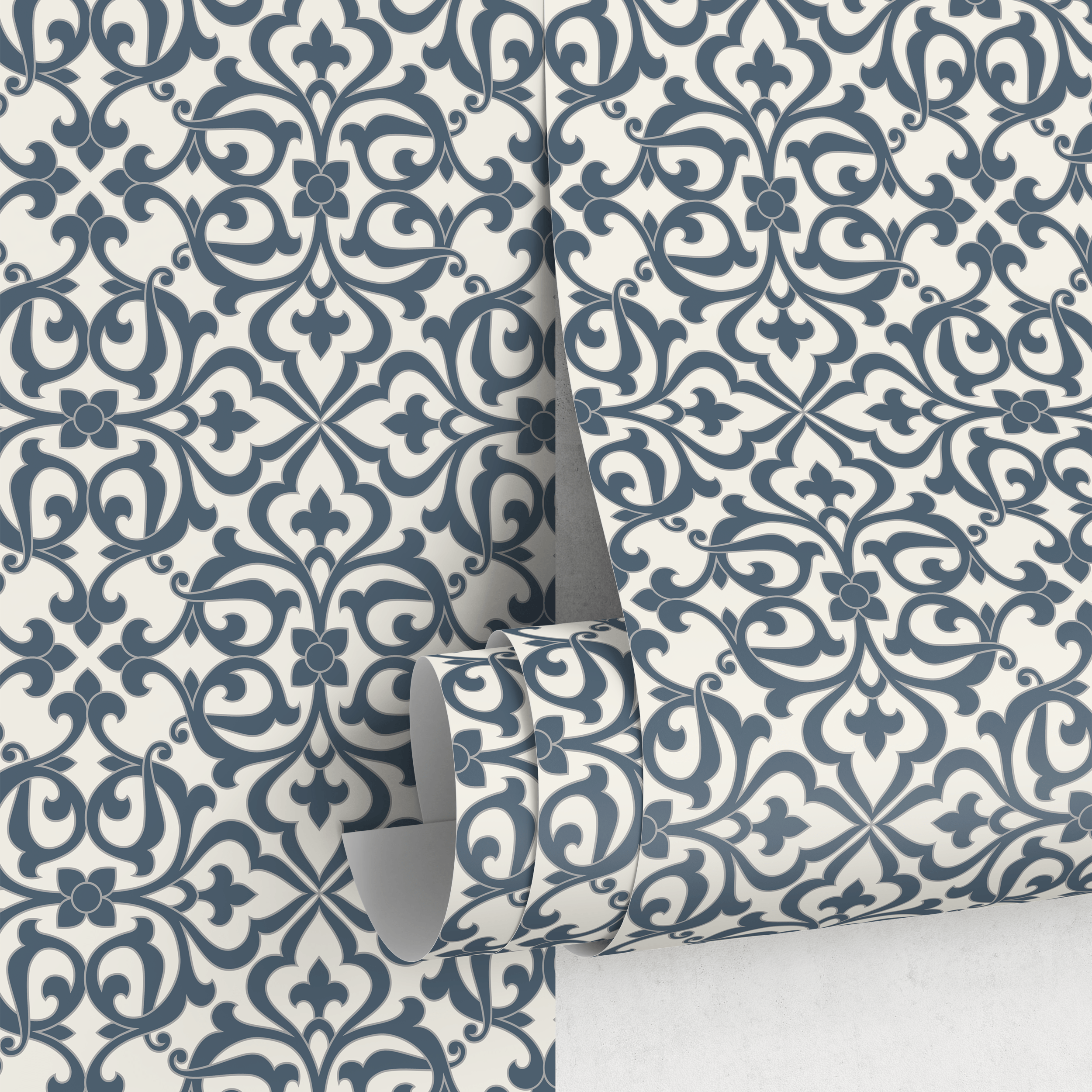 Vintage Wallpaper With An Intricate Damask Motif In Blue And Light Beige - A611