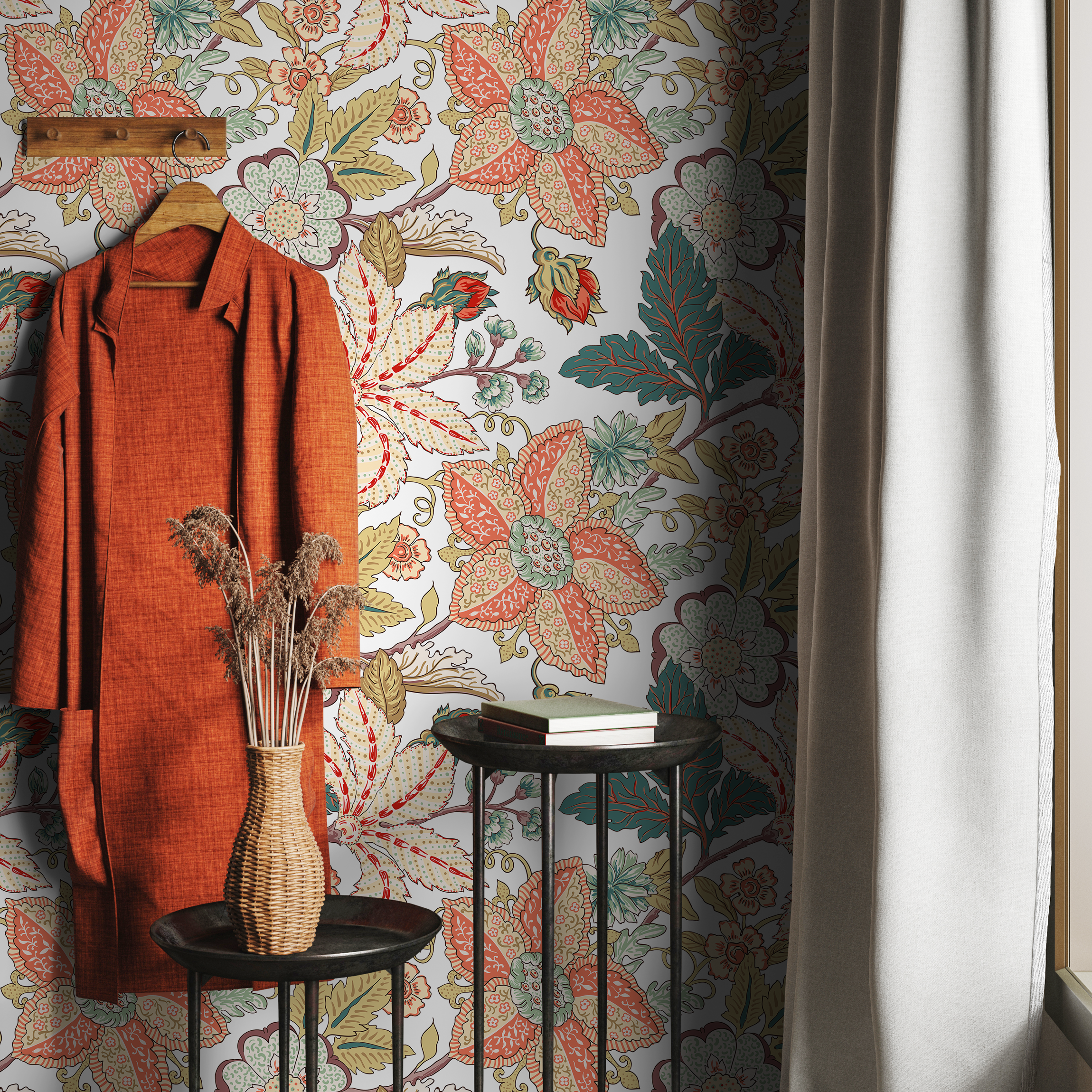 Vintage Botanical Wallpaper With Intricate Florals In Red, Teal, And Green - A621