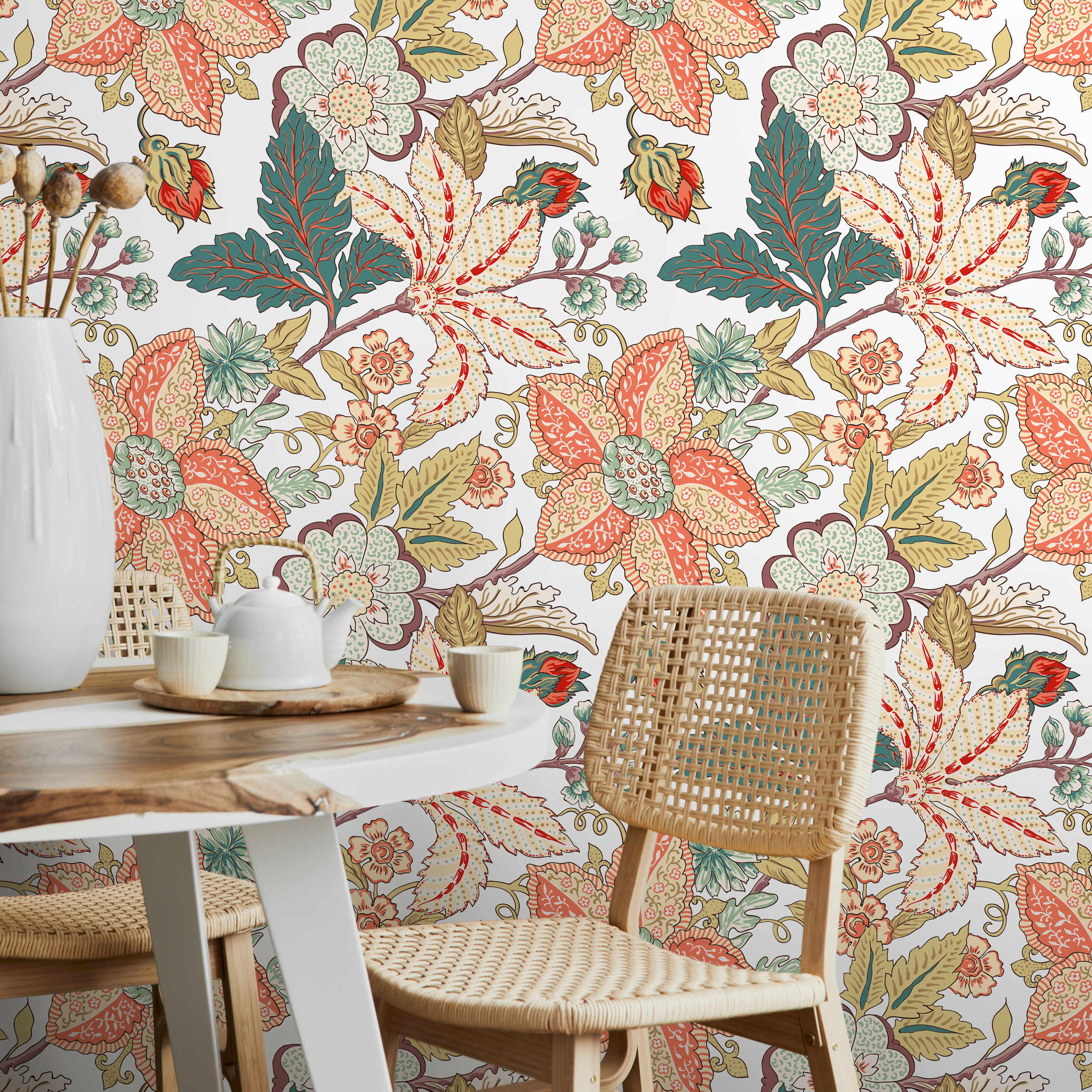 Vintage Botanical Wallpaper With Intricate Florals In Red, Teal, And Green - A621