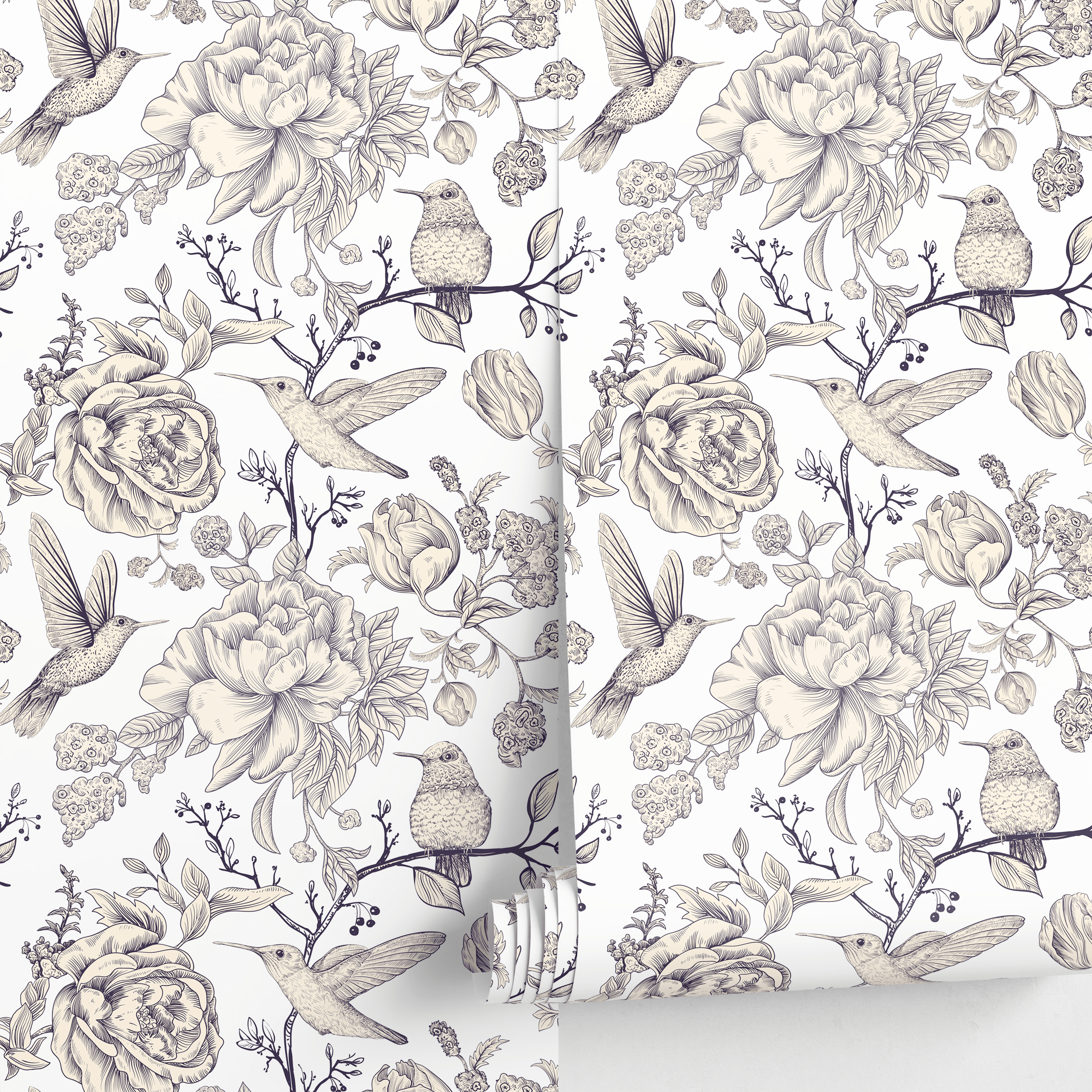 Vintage Floral Wallpaper With Hummingbirds And Peonies In Navy Blue - A627