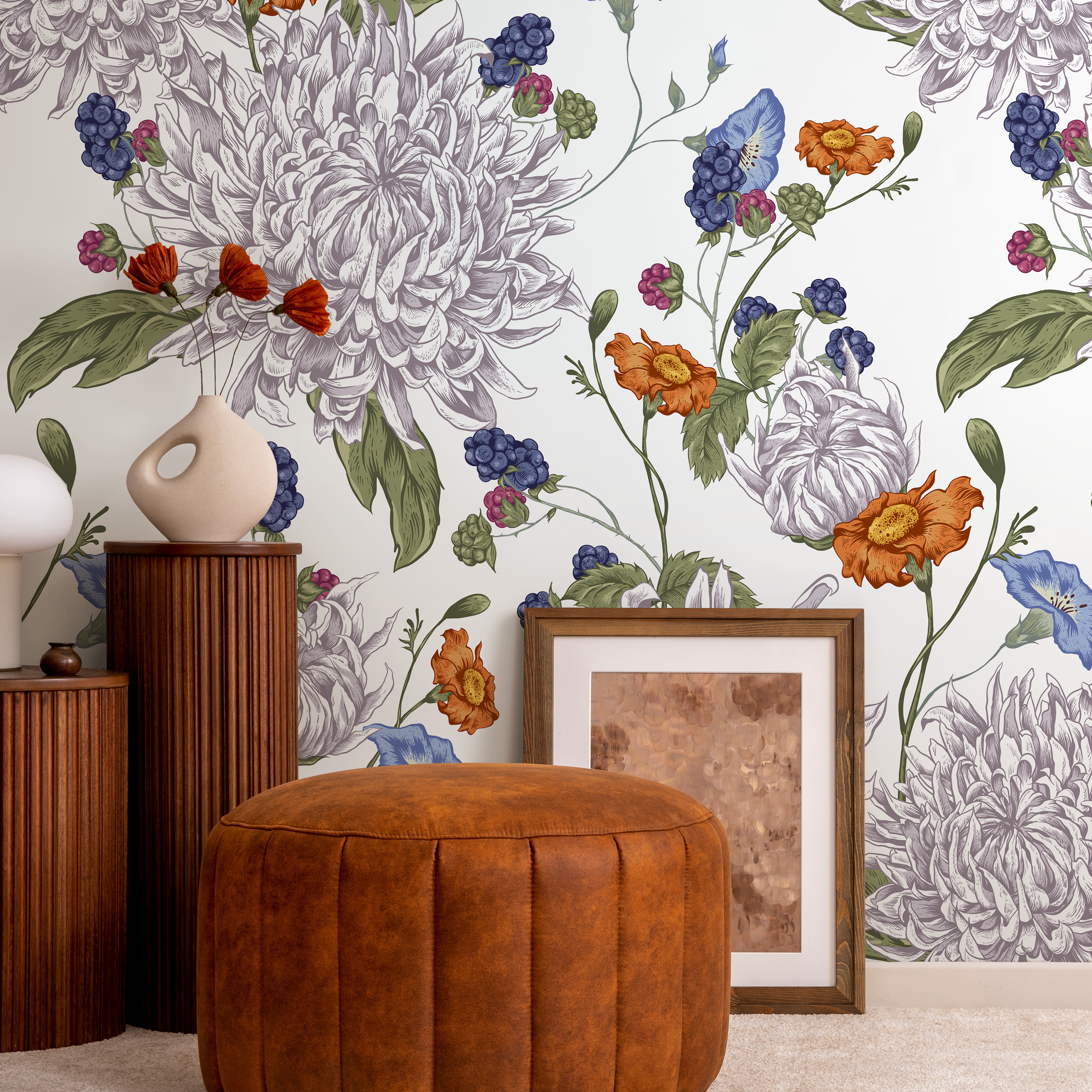 Floral Wallpaper With Vintage Chrysanthemums In Purple, Orange, And Blue - A628