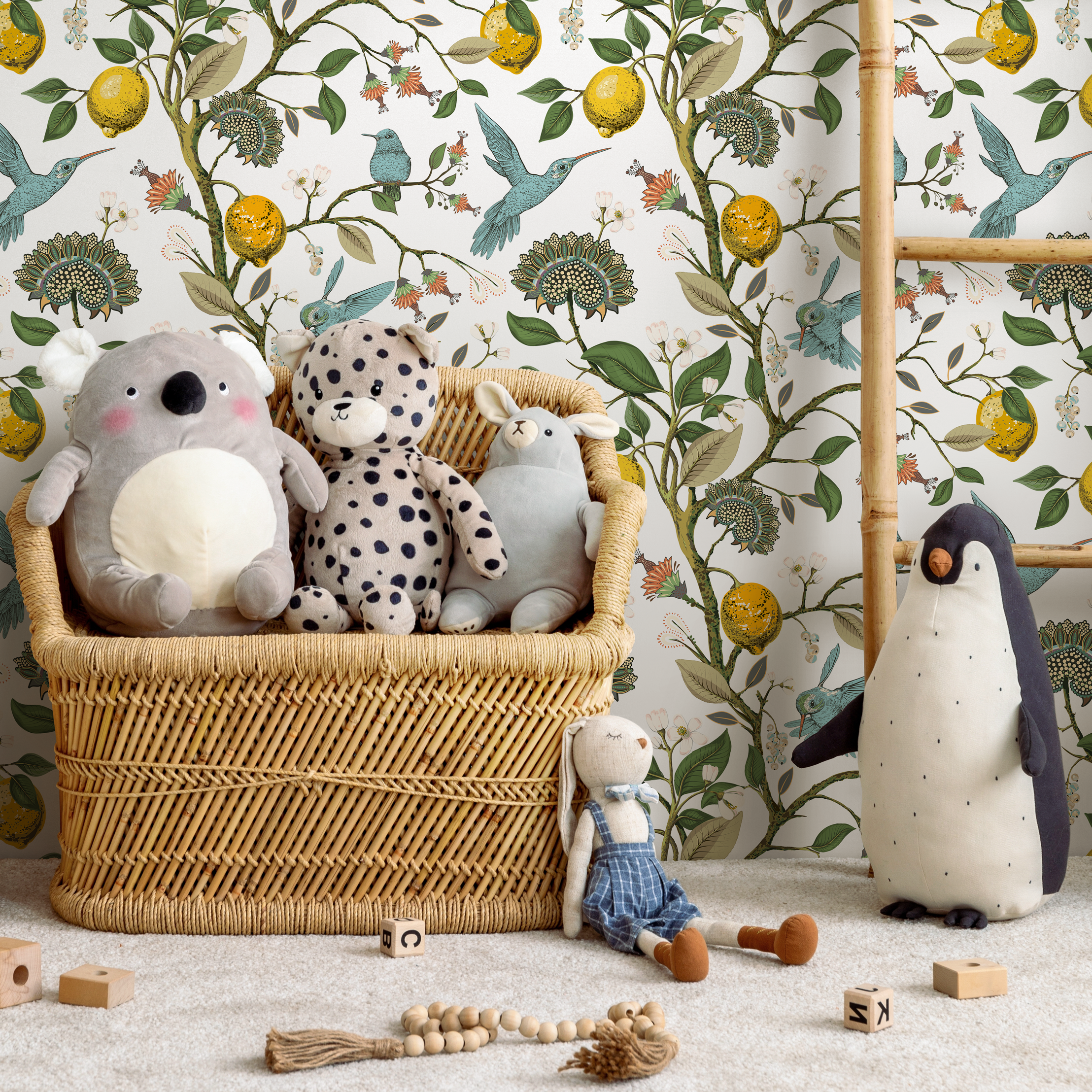 Botanical Wallpaper With Lemons And Hummingbirds In Blue, Yellow, And Green - A630