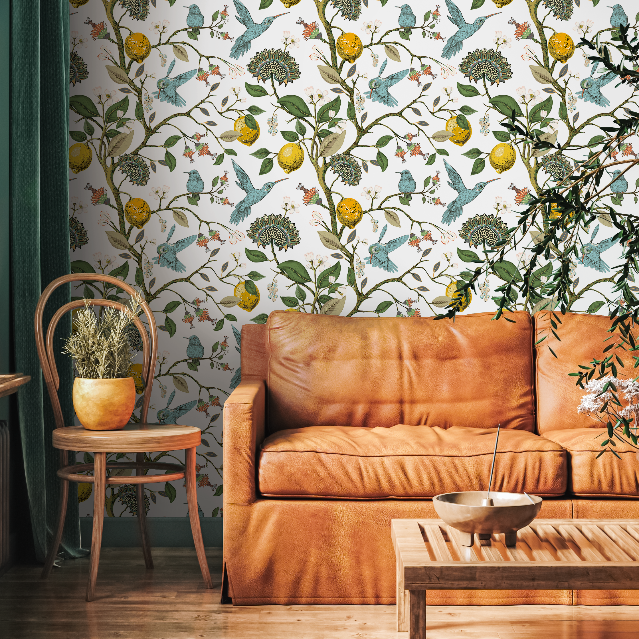 Botanical Wallpaper With Lemons And Hummingbirds In Blue, Yellow, And Green - A630