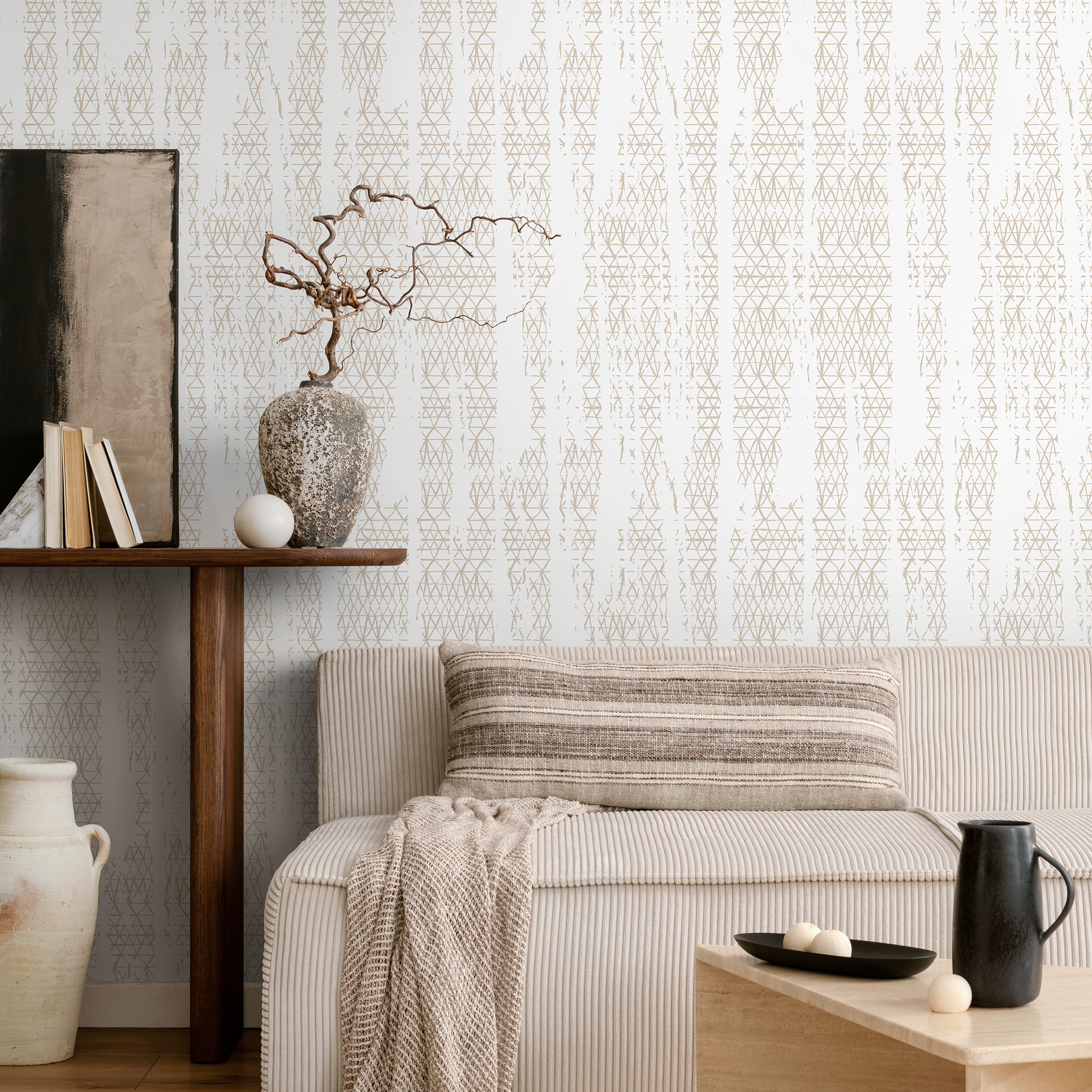 Geometric Wallpaper With A Distressed Triangle Motif In Beige - A634