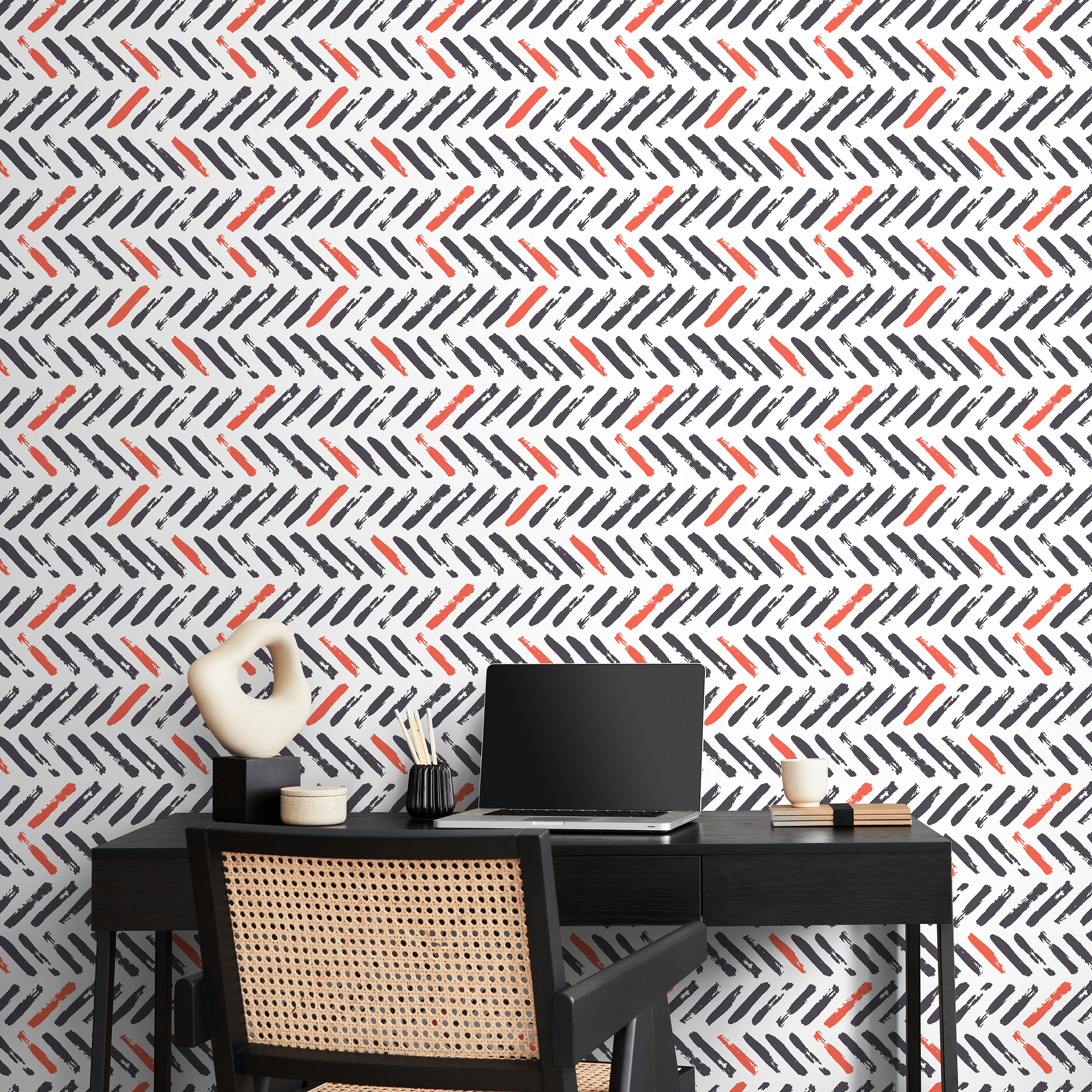 Chevron Wallpaper With A Brushstroke Motif In Gray And Red - A637
