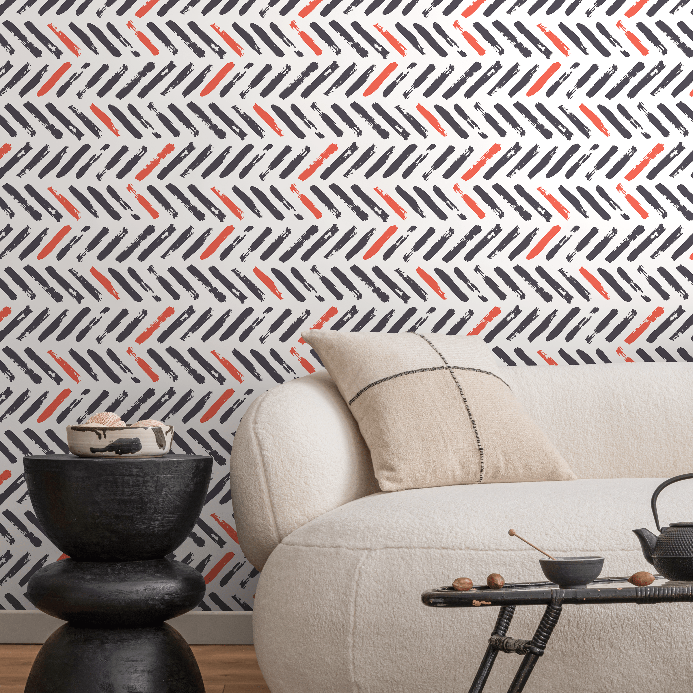 Chevron Wallpaper With A Brushstroke Motif In Gray And Red - A637