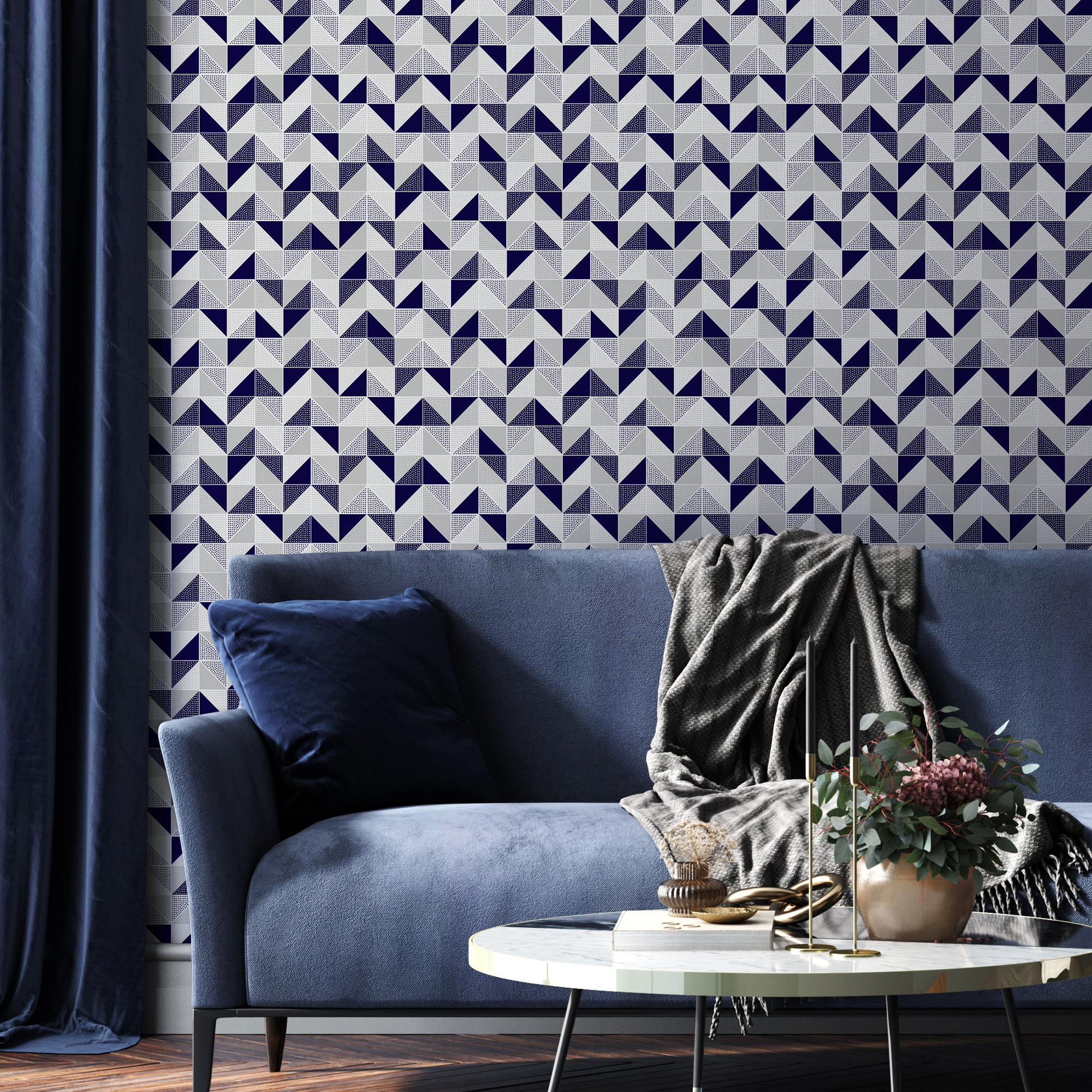 Geometric Wallpaper With Dotted Triangles In Navy Blue, Grey, And White - A638
