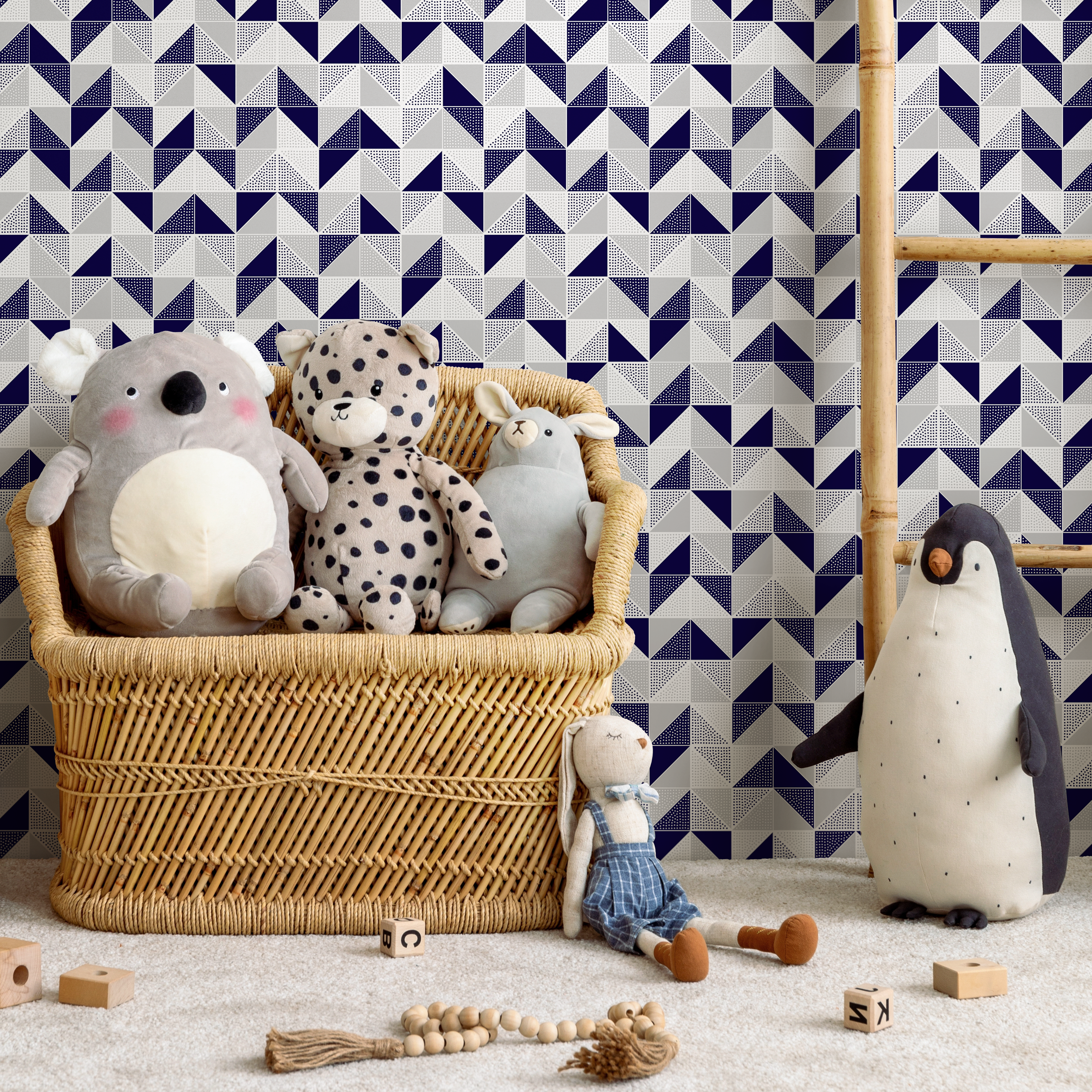 Geometric Wallpaper With Dotted Triangles In Navy Blue, Grey, And White - A638