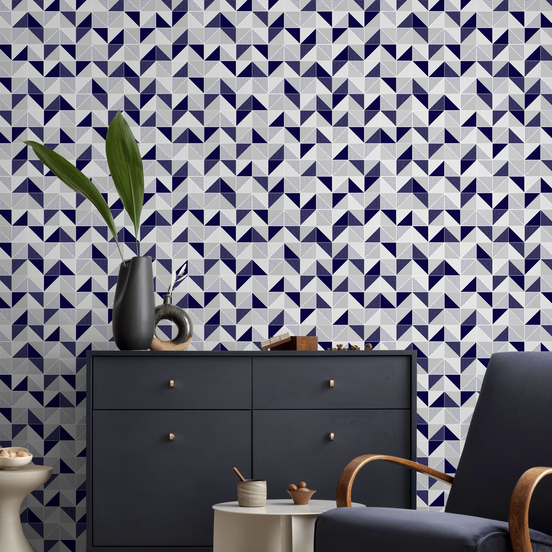 Geometric Wallpaper With Dotted Triangles In Navy Blue, Grey, And White - A638