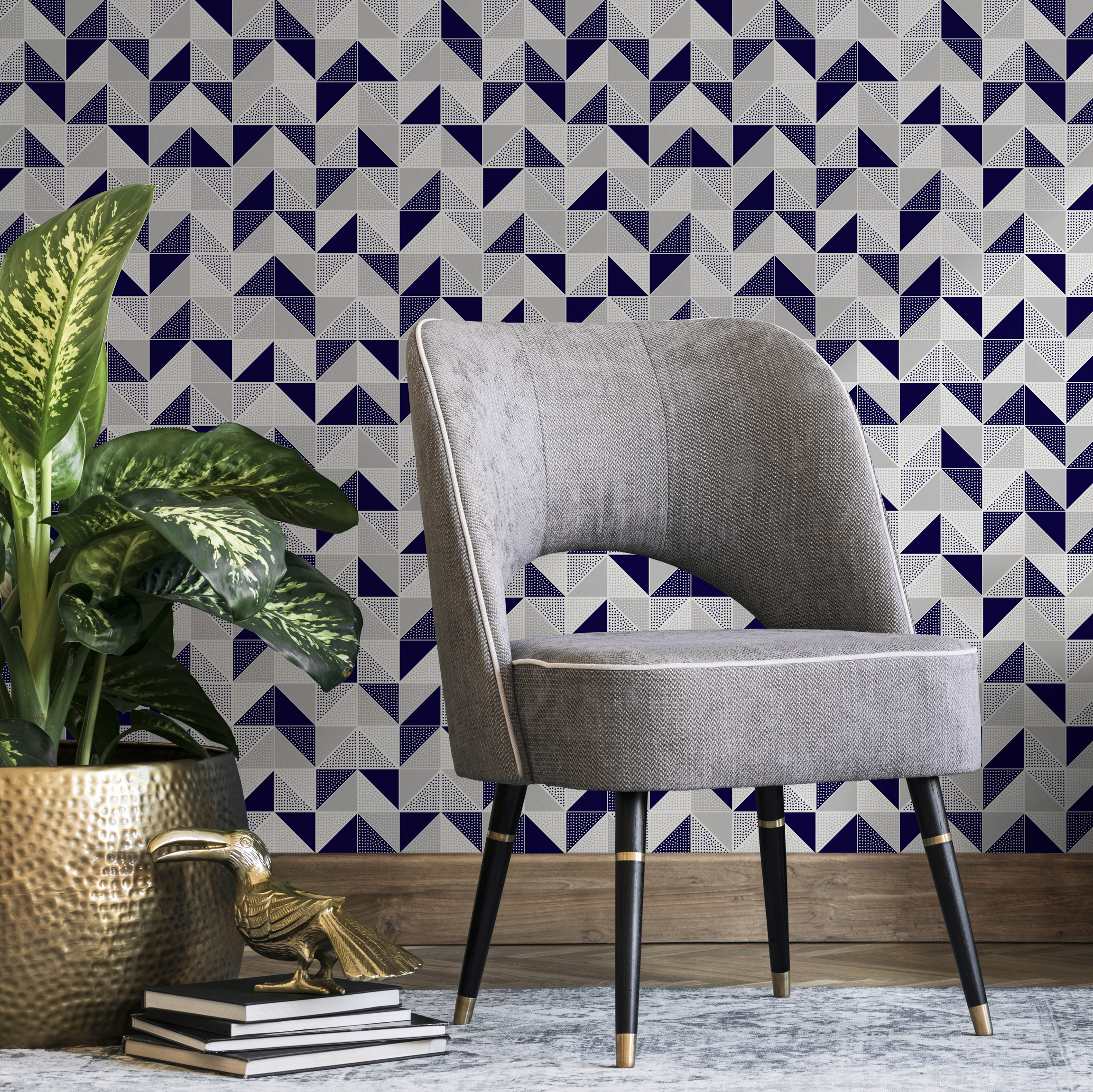 Geometric Wallpaper With Dotted Triangles In Navy Blue, Grey, And White - A638