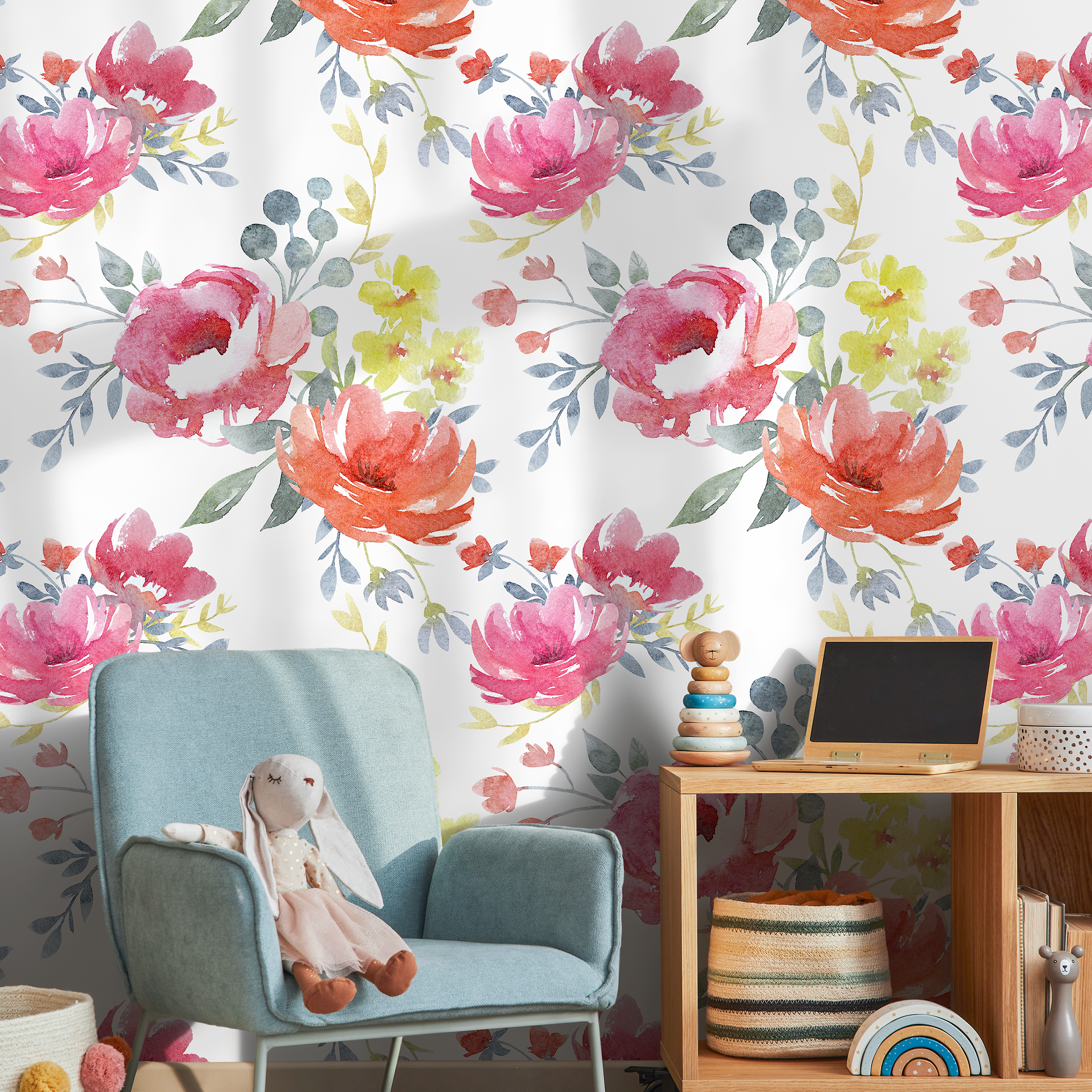 Floral Wallpaper With A Watercolor Peony Motif In Pink, Orange, And Blue - A664