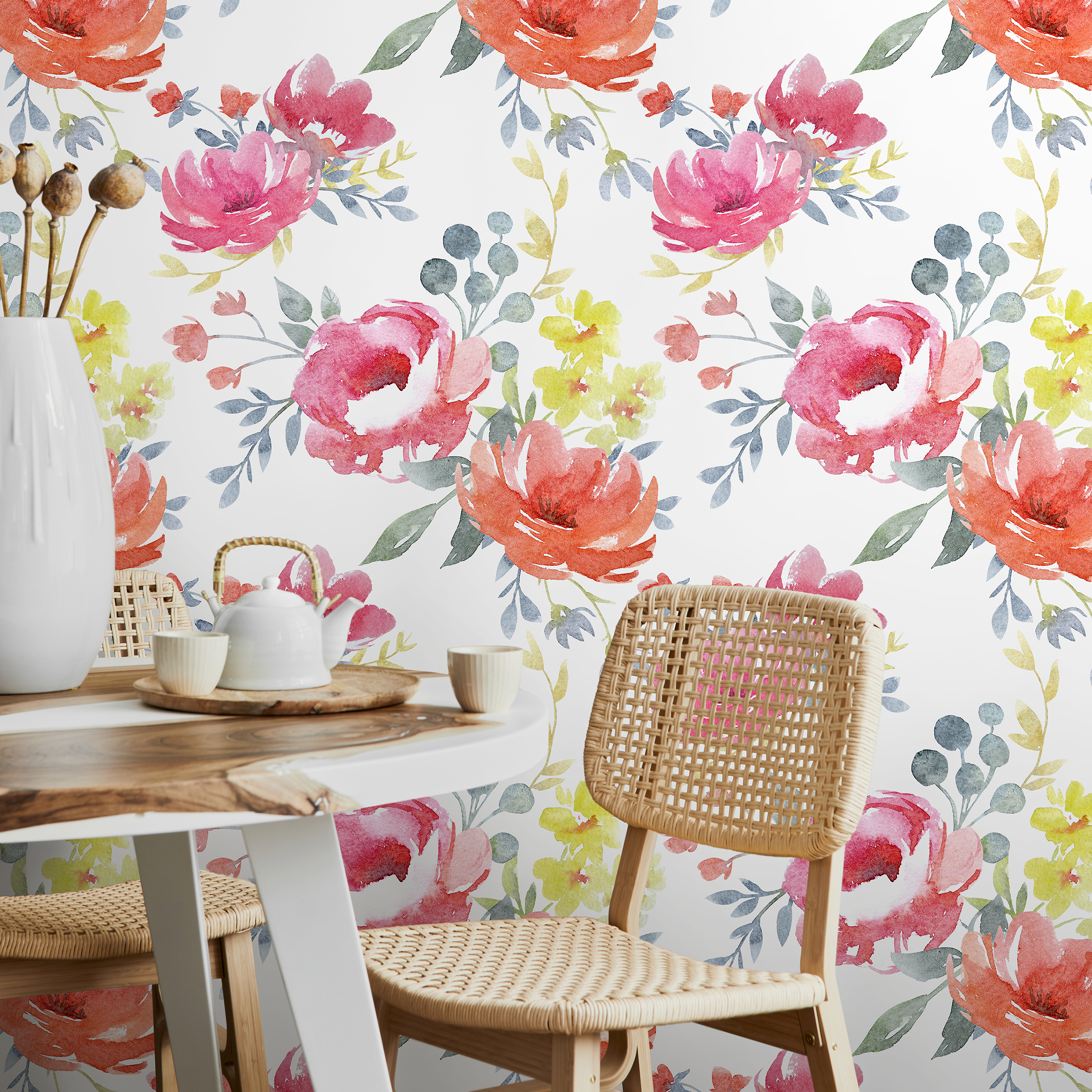 Floral Wallpaper With A Watercolor Peony Motif In Pink, Orange, And Blue - A664