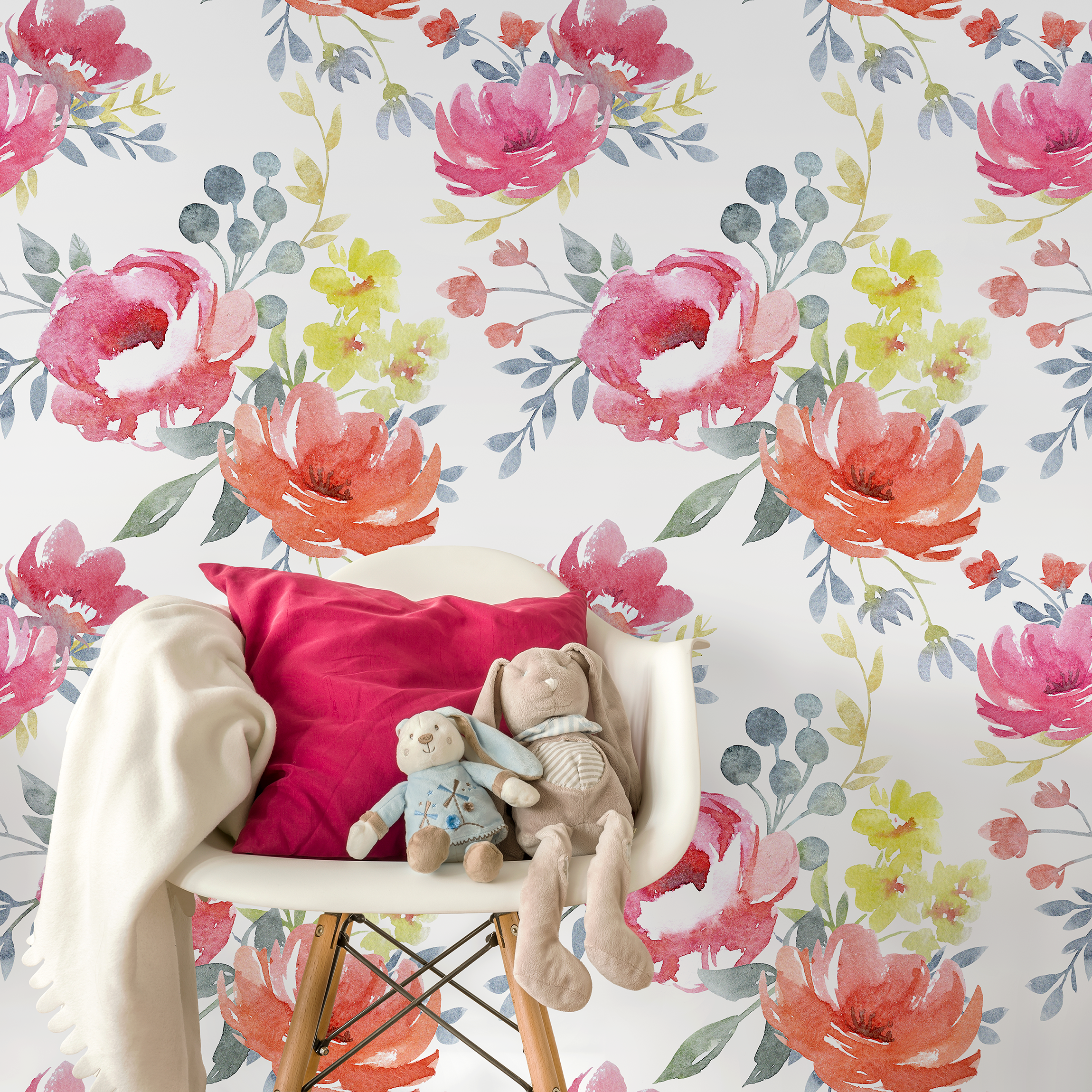 Floral Wallpaper With A Watercolor Peony Motif In Pink, Orange, And Blue - A664