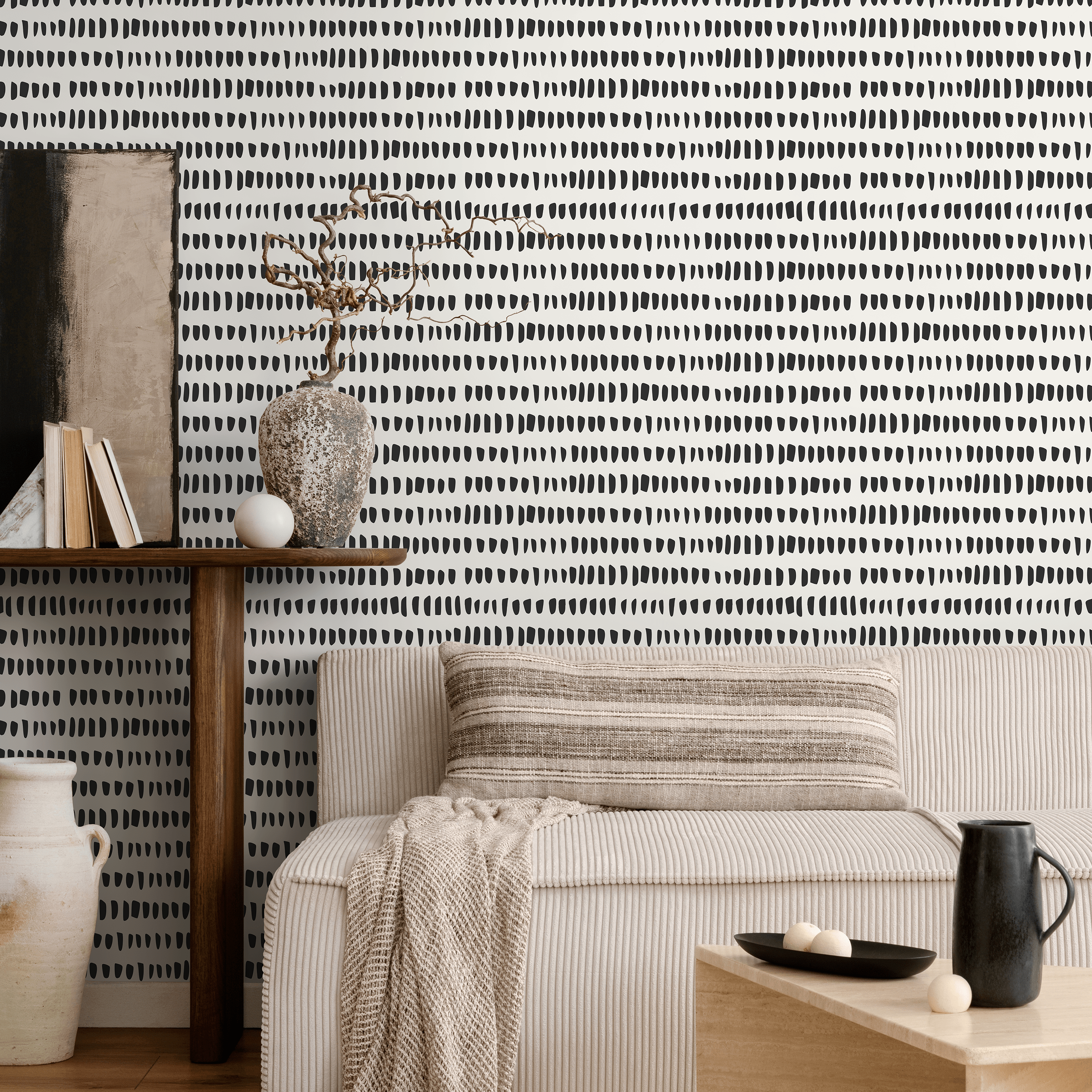 Scandinavian Wallpaper With An Organic Dashed Line Motif In Black And White - A645