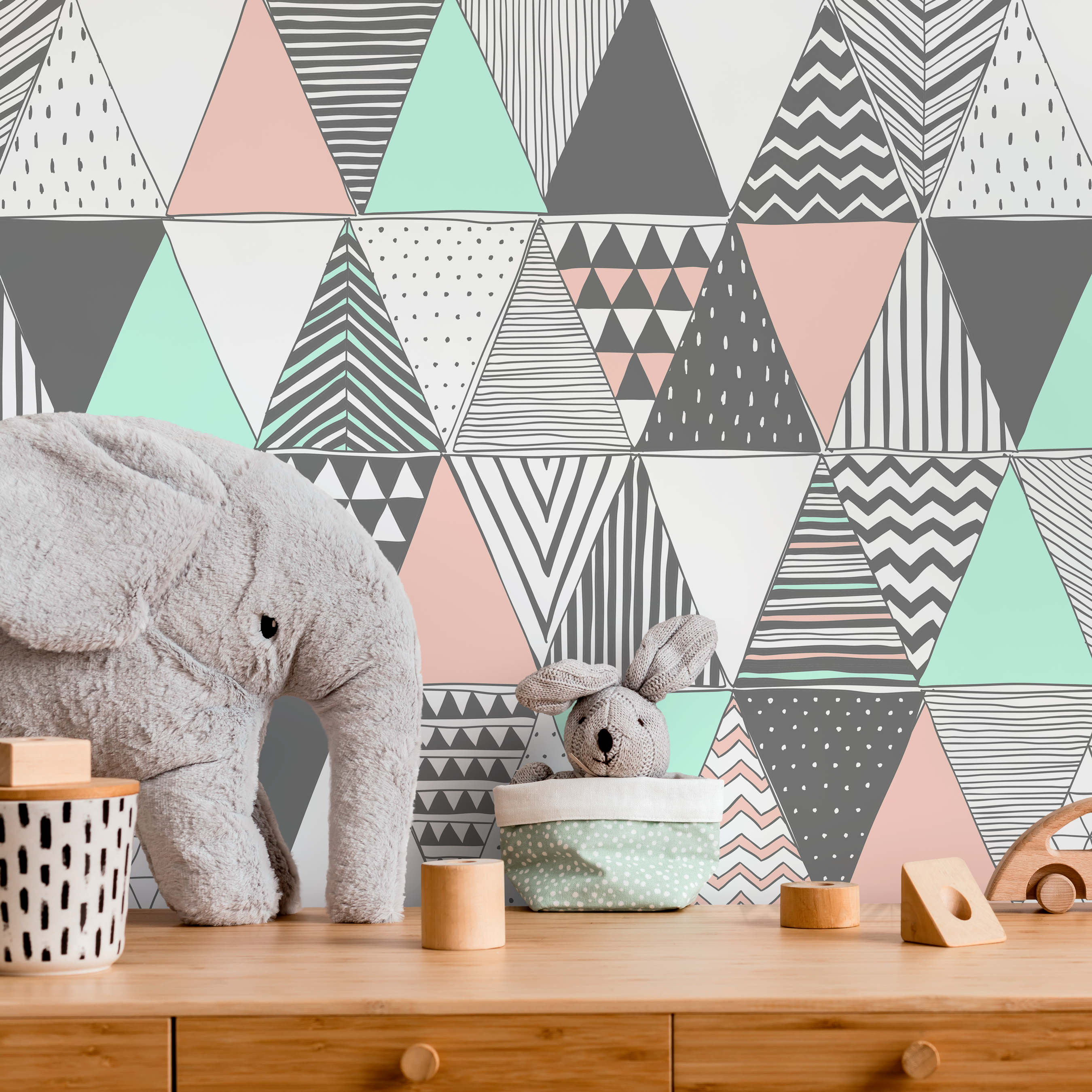 Geometric Wallpaper With A Scandinavian Triangle Pattern In Mint, Pink, And Gray - A647