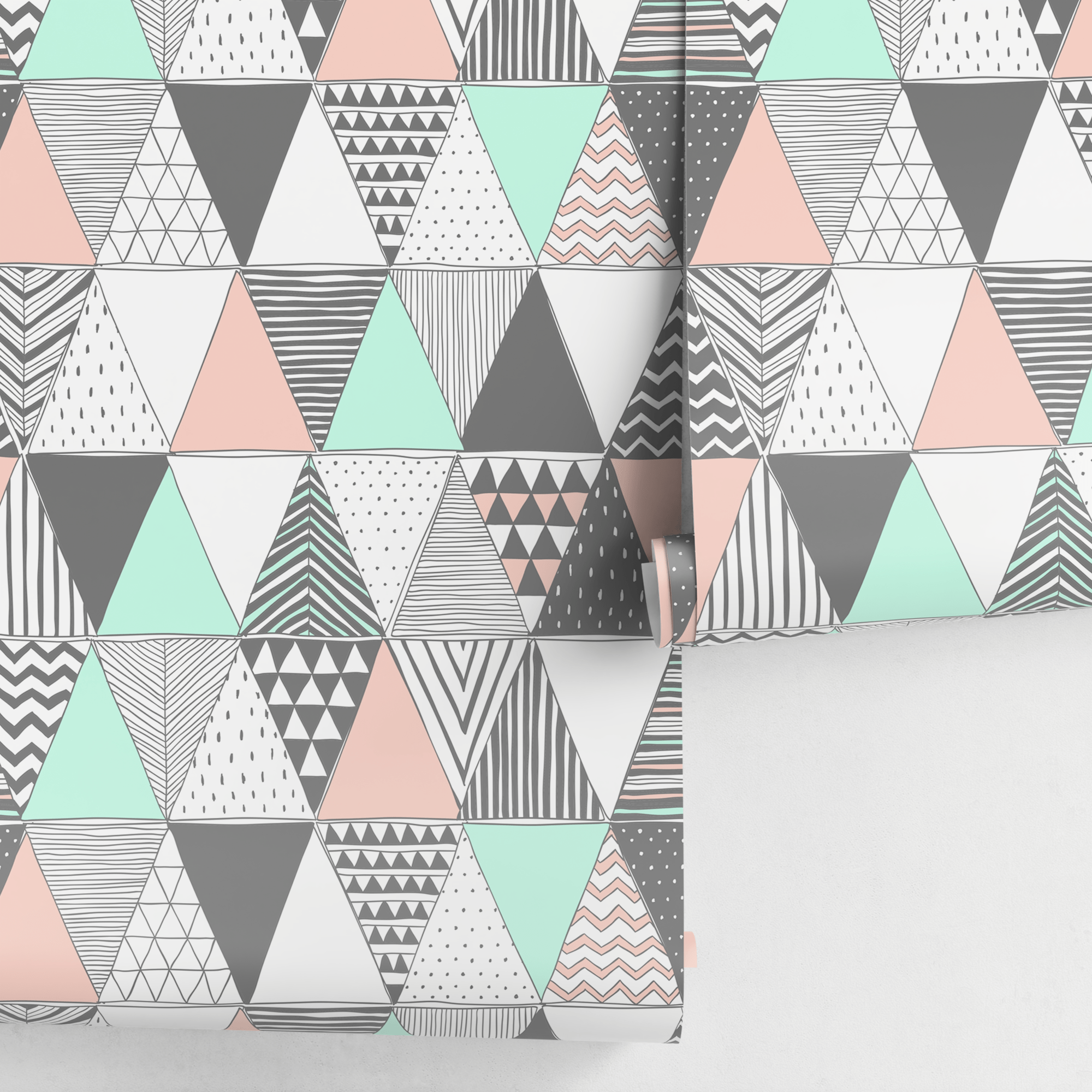 Geometric Wallpaper With A Scandinavian Triangle Pattern In Mint, Pink, And Gray - A647