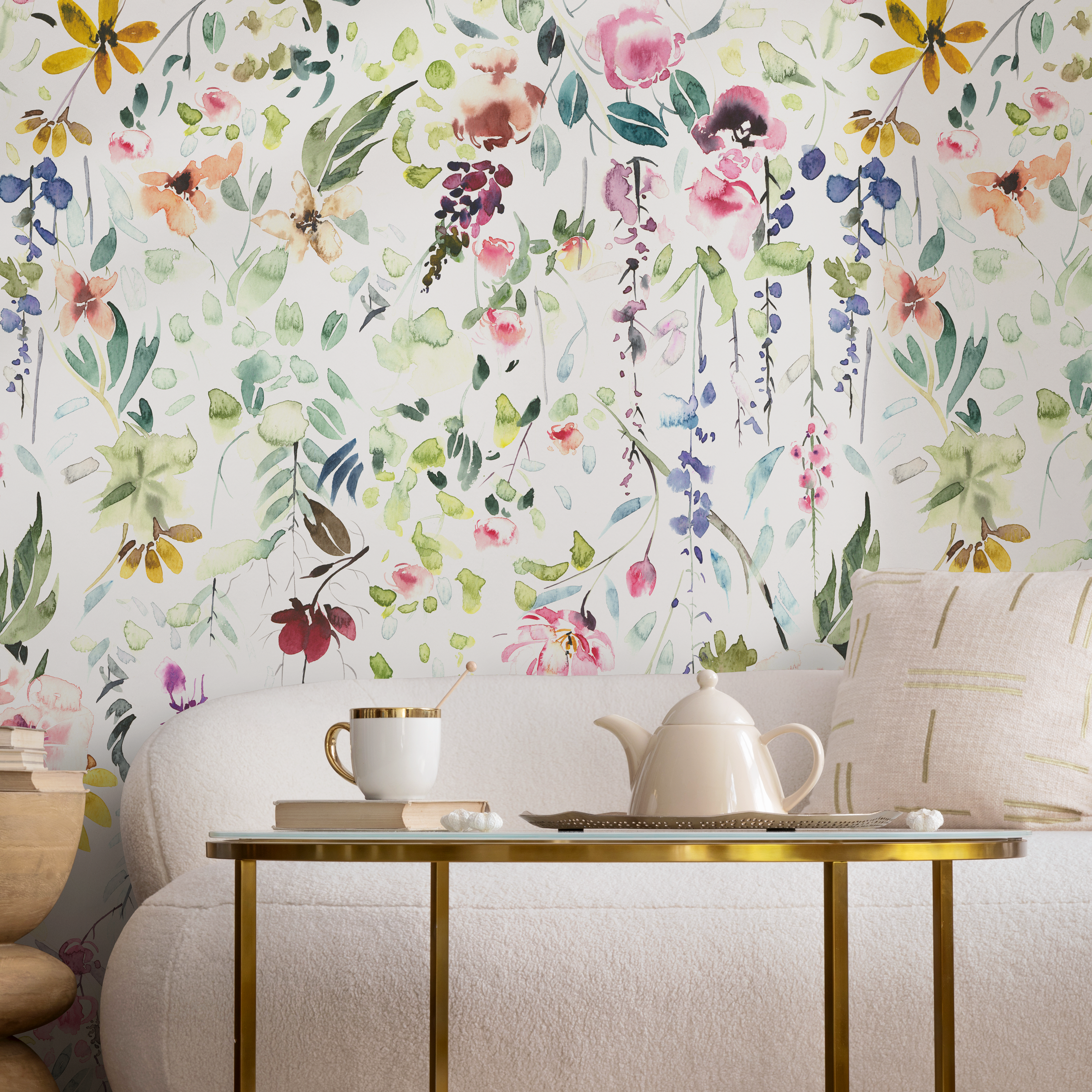 Watercolor Wallpaper With A Floral Meadow In Pink, Green, And Yellow - A648