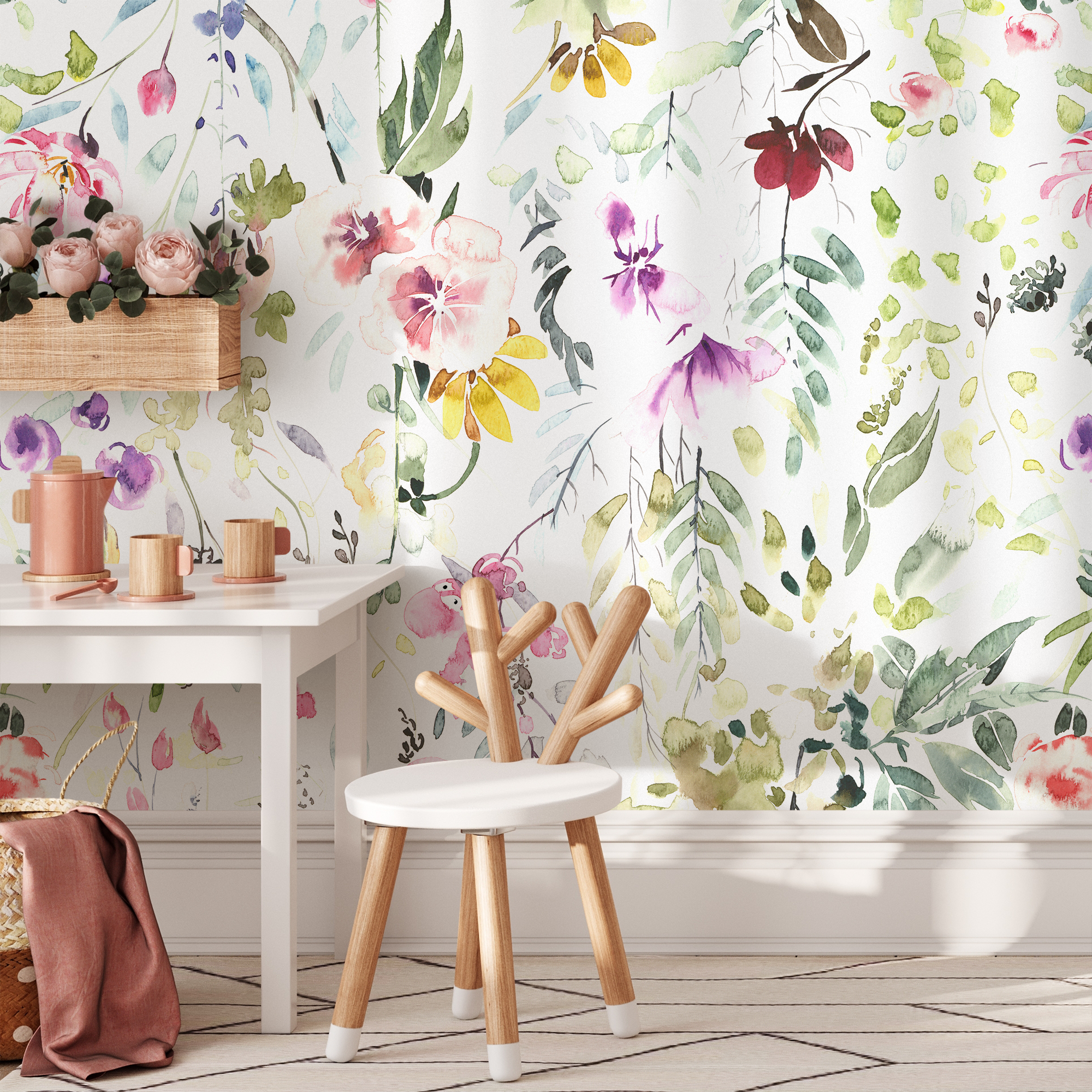 Watercolor Wallpaper With A Floral Meadow In Pink, Green, And Yellow - A648