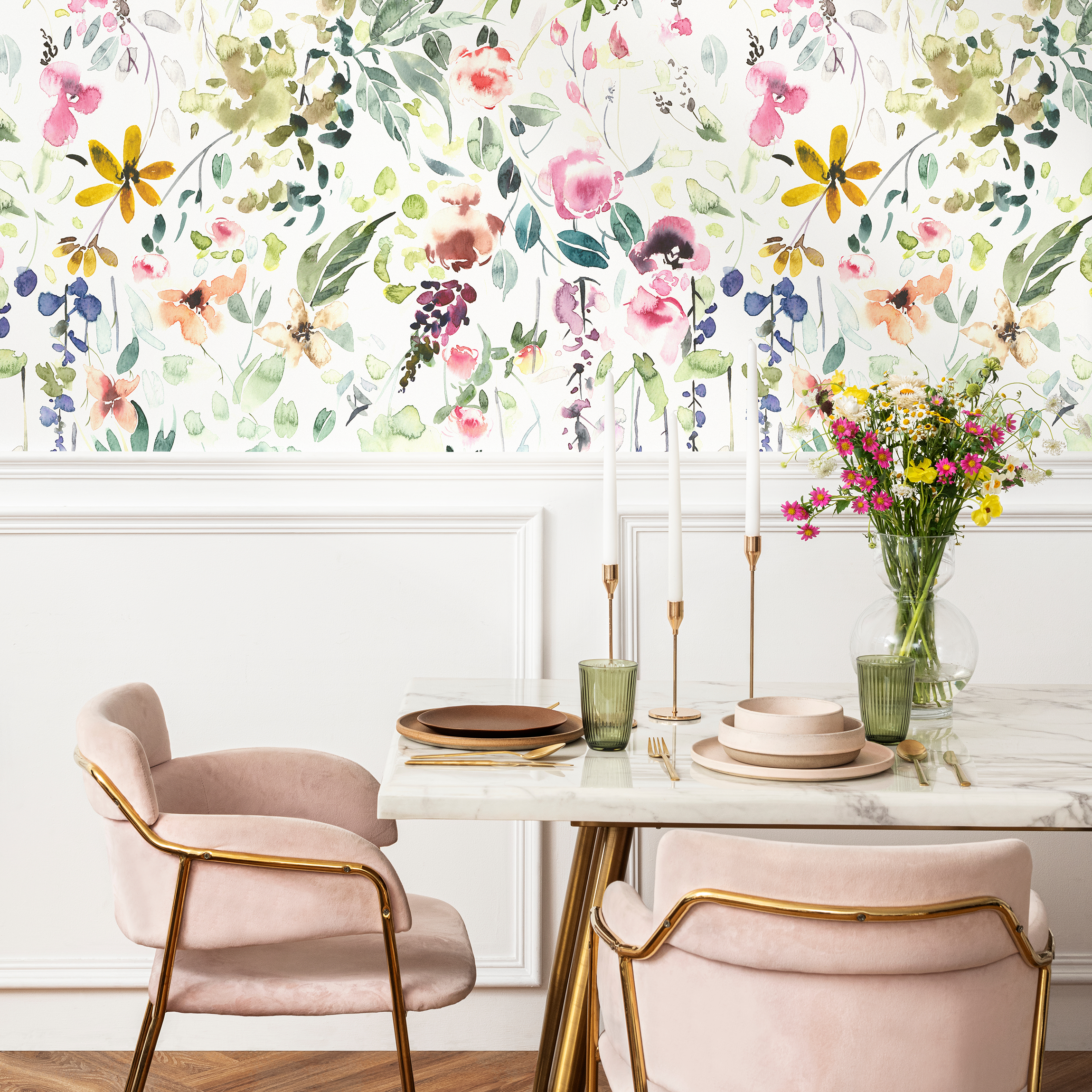 Watercolor Wallpaper With A Floral Meadow In Pink, Green, And Yellow - A648