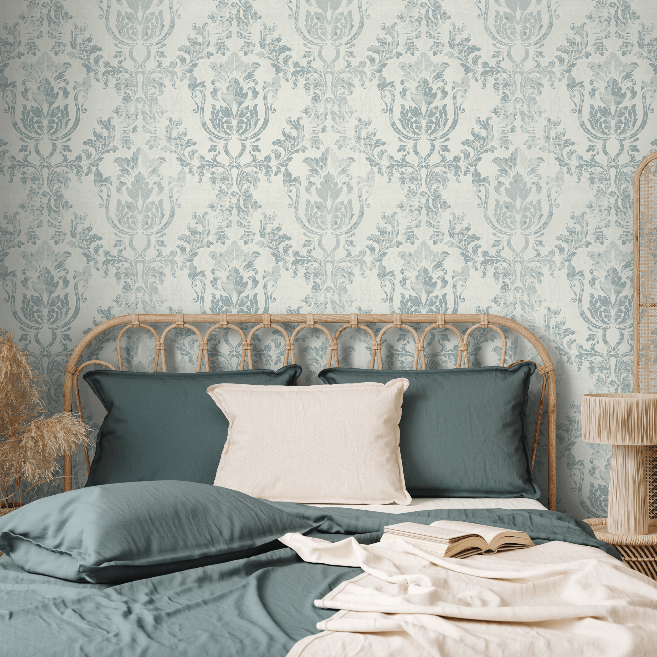 Damask Wallpaper With A Distressed Motif In Blue And Cream - A650