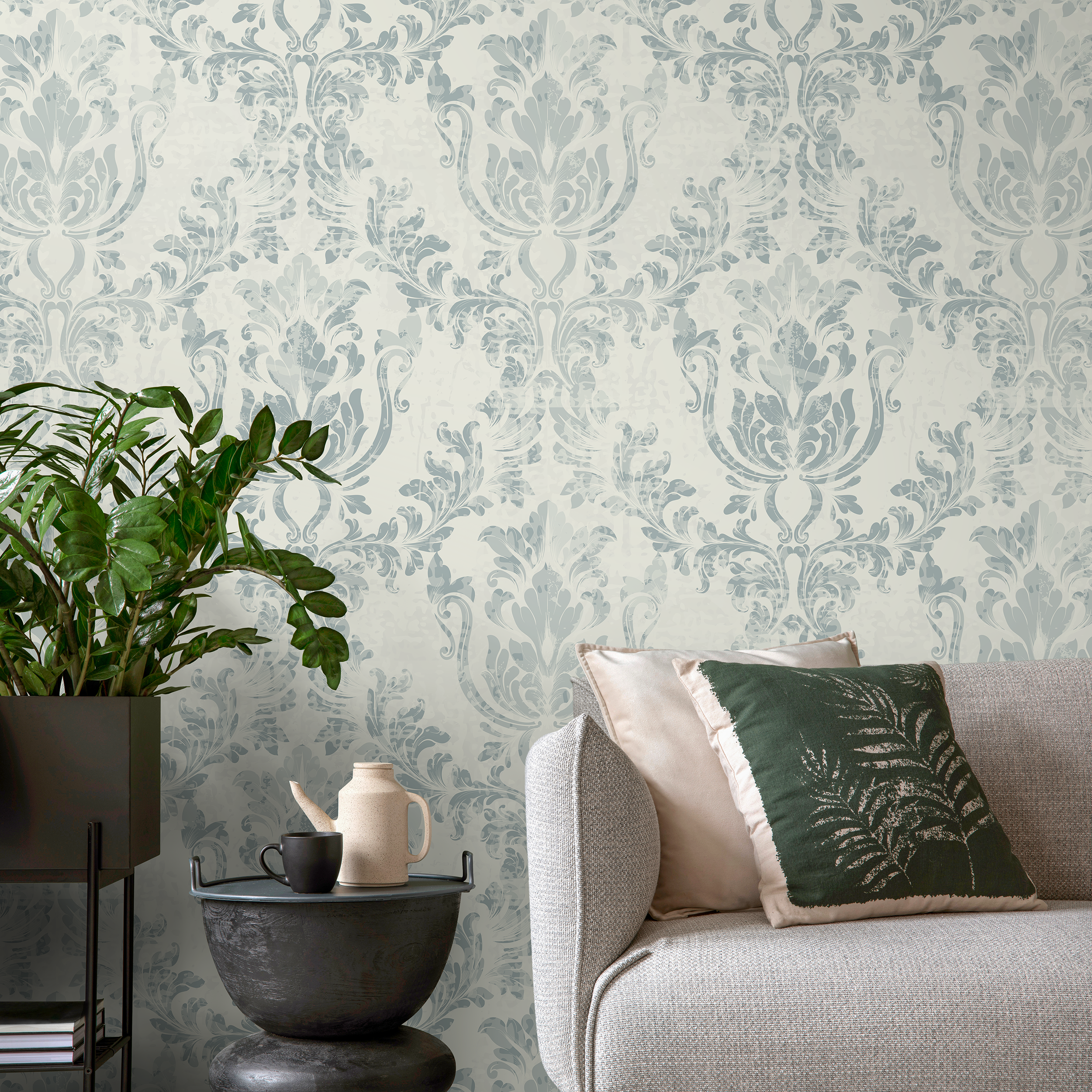 Damask Wallpaper With A Distressed Motif In Blue And Cream - A650