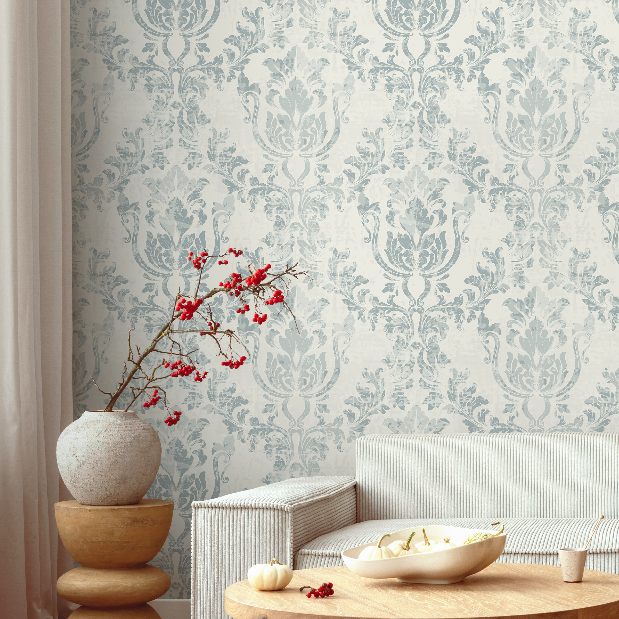 Damask Wallpaper With A Distressed Motif In Blue And Cream - A650