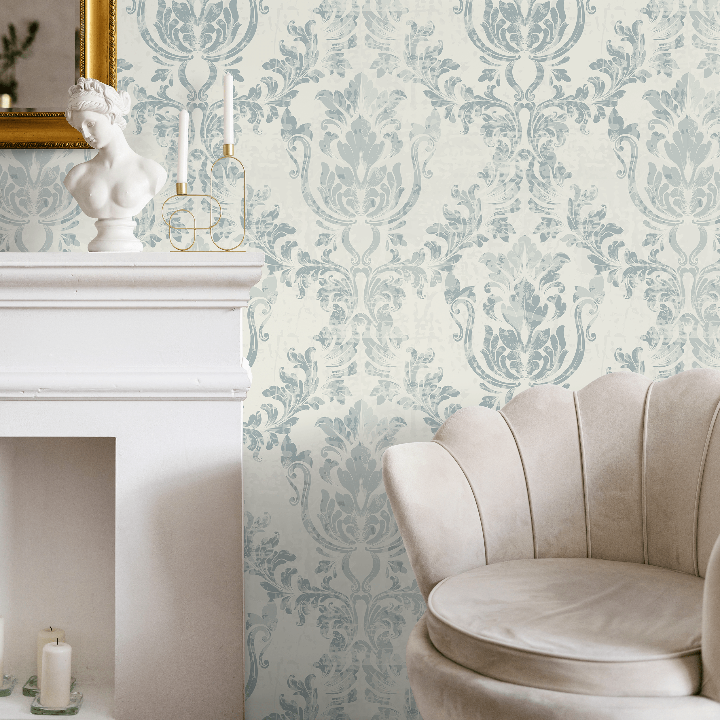 Damask Wallpaper With A Distressed Motif In Blue And Cream - A650