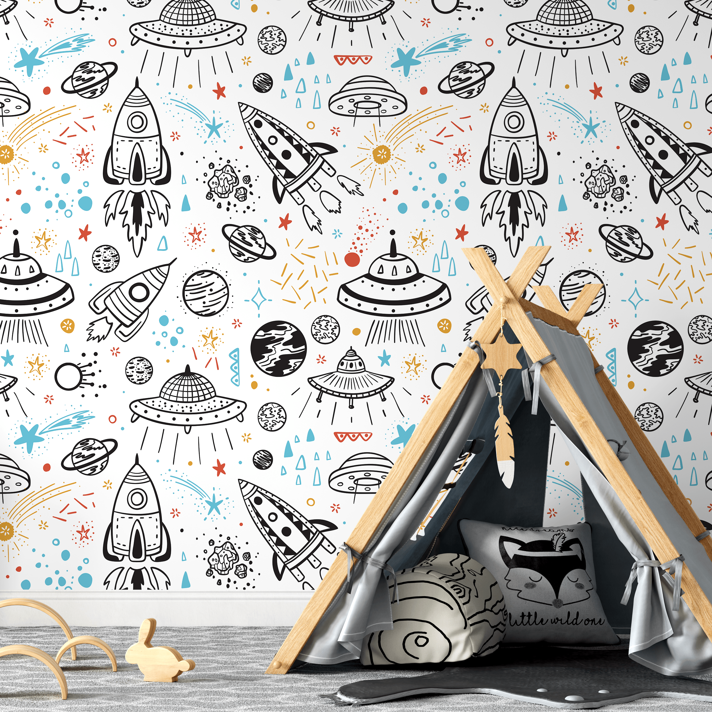 Space Wallpaper With Hand-drawn Rockets And Planets In Black, Blue, And Red - A654